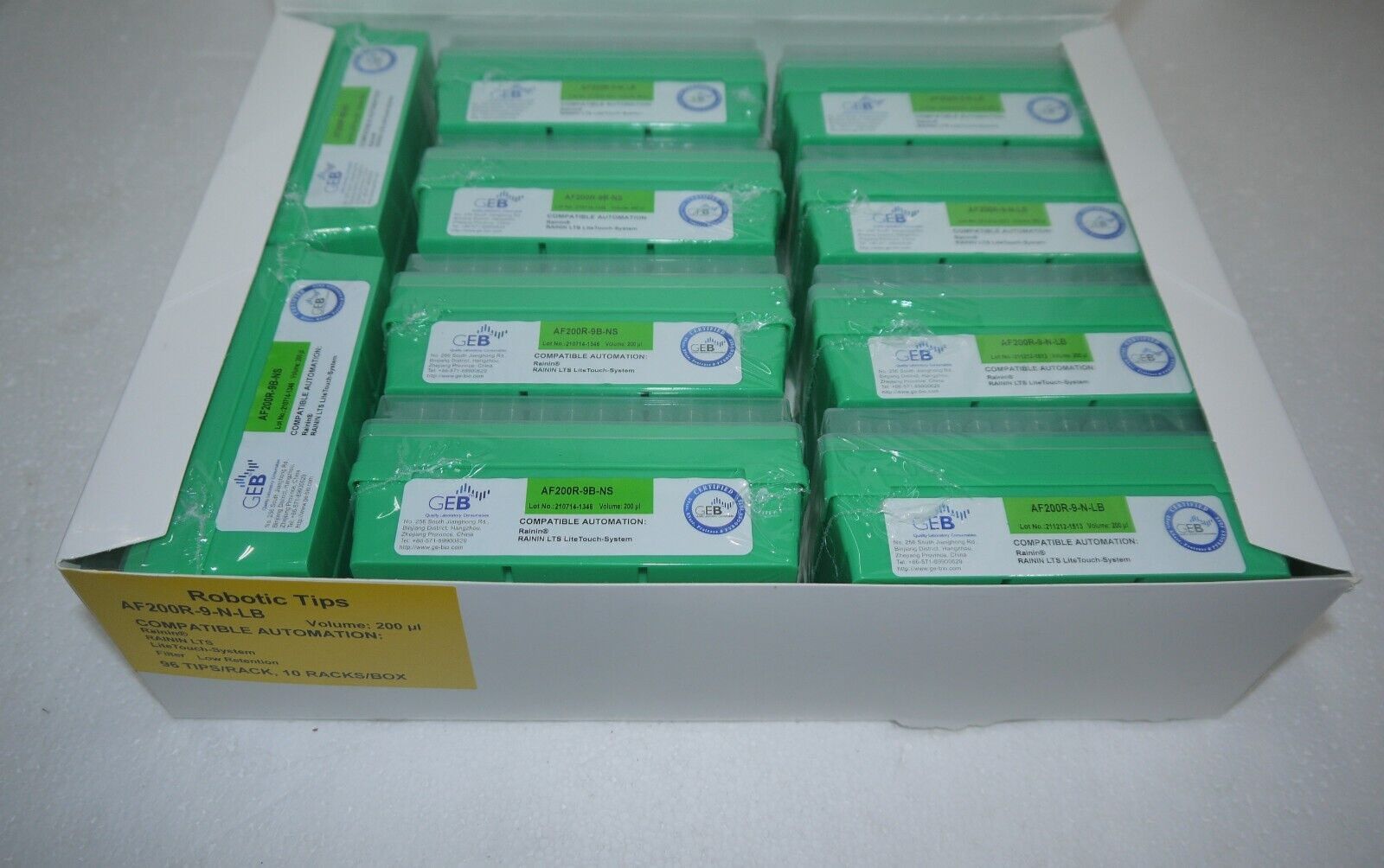 GEB AF200R-9-N-LB Robotic Tips 200uL Rainin LTS Life-Touch System 1 Box 10 Racks