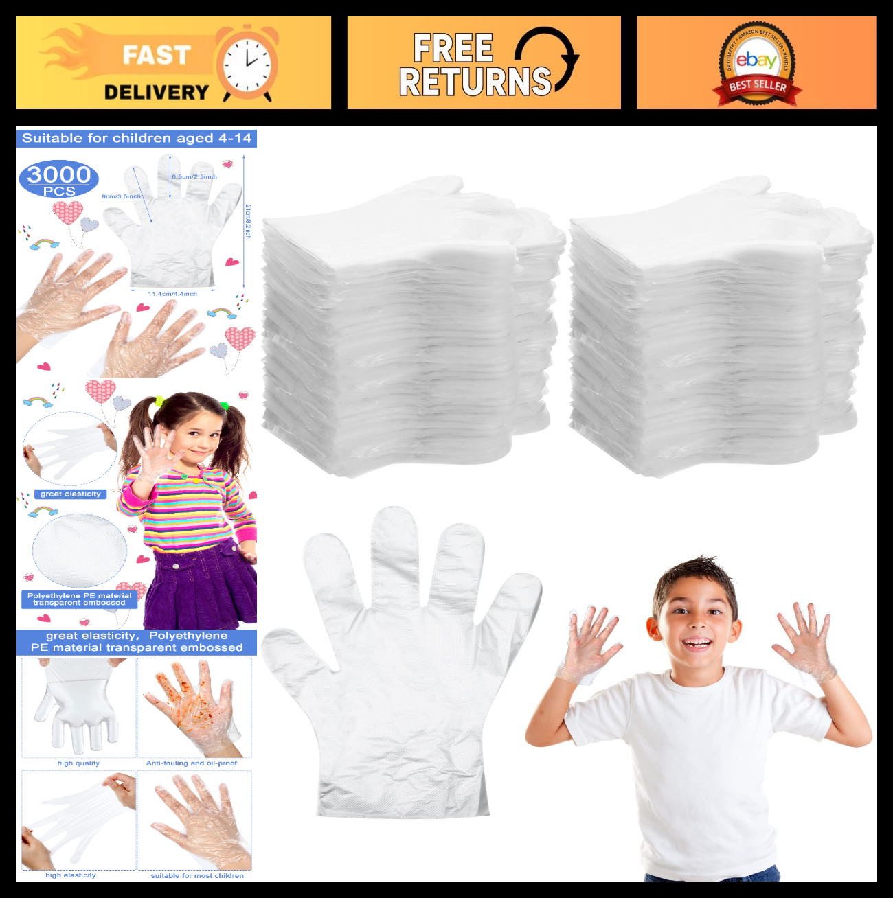 3000 Pack Kids Disposable Clear Gloves – Multipurpose PE for Food Prep, Crafts,