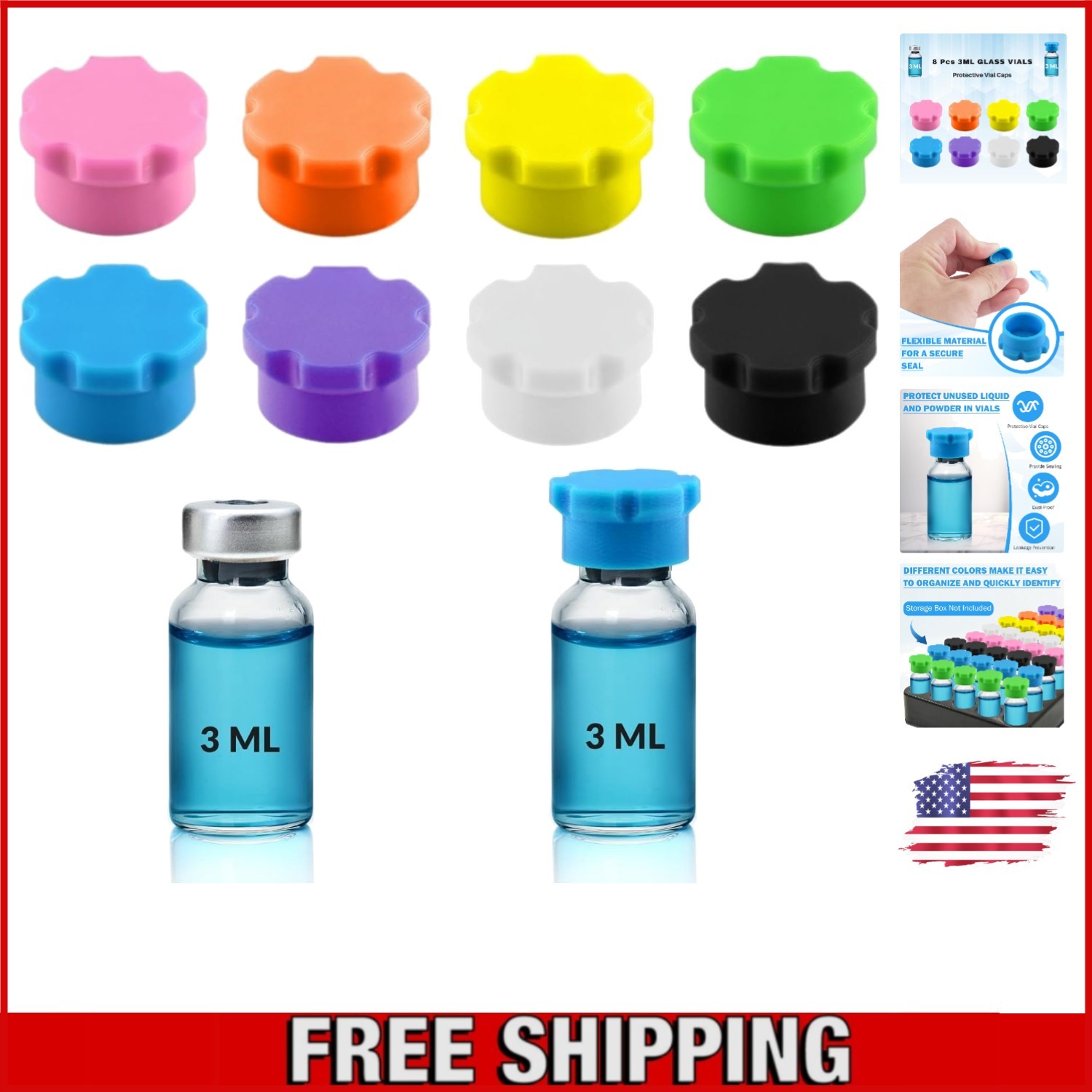 8-Pack 3ml Silicone Vial Caps – Compatible with 1ml, 2ml, and 3ml Vials