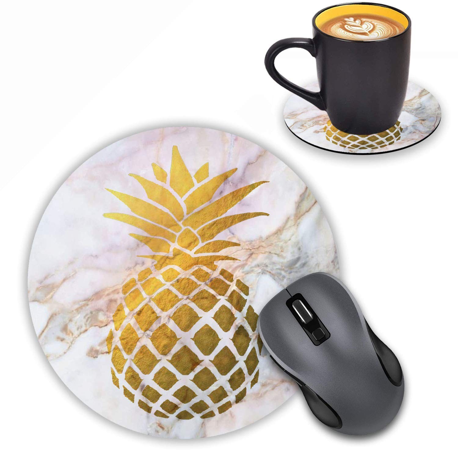 Round Mouse Pad with Coasters Set, Gold Foil Pineapple White Marble Design Mo…