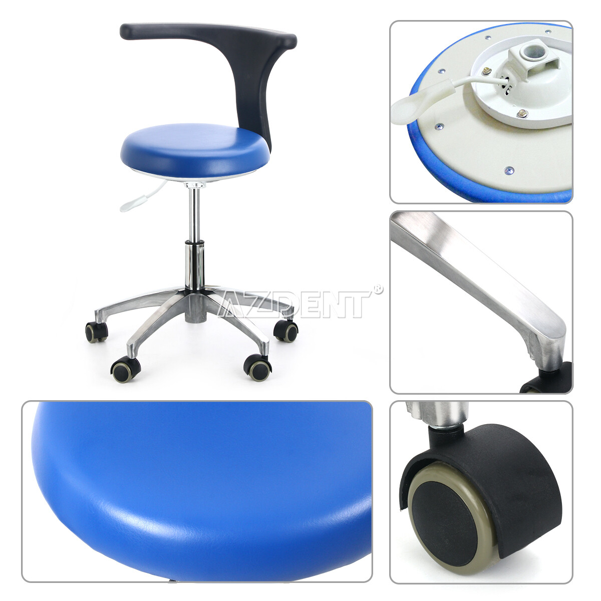 AZDENT Dental Assistant Stool Adjustable Dentist Mobile Chair PU Leather Blue