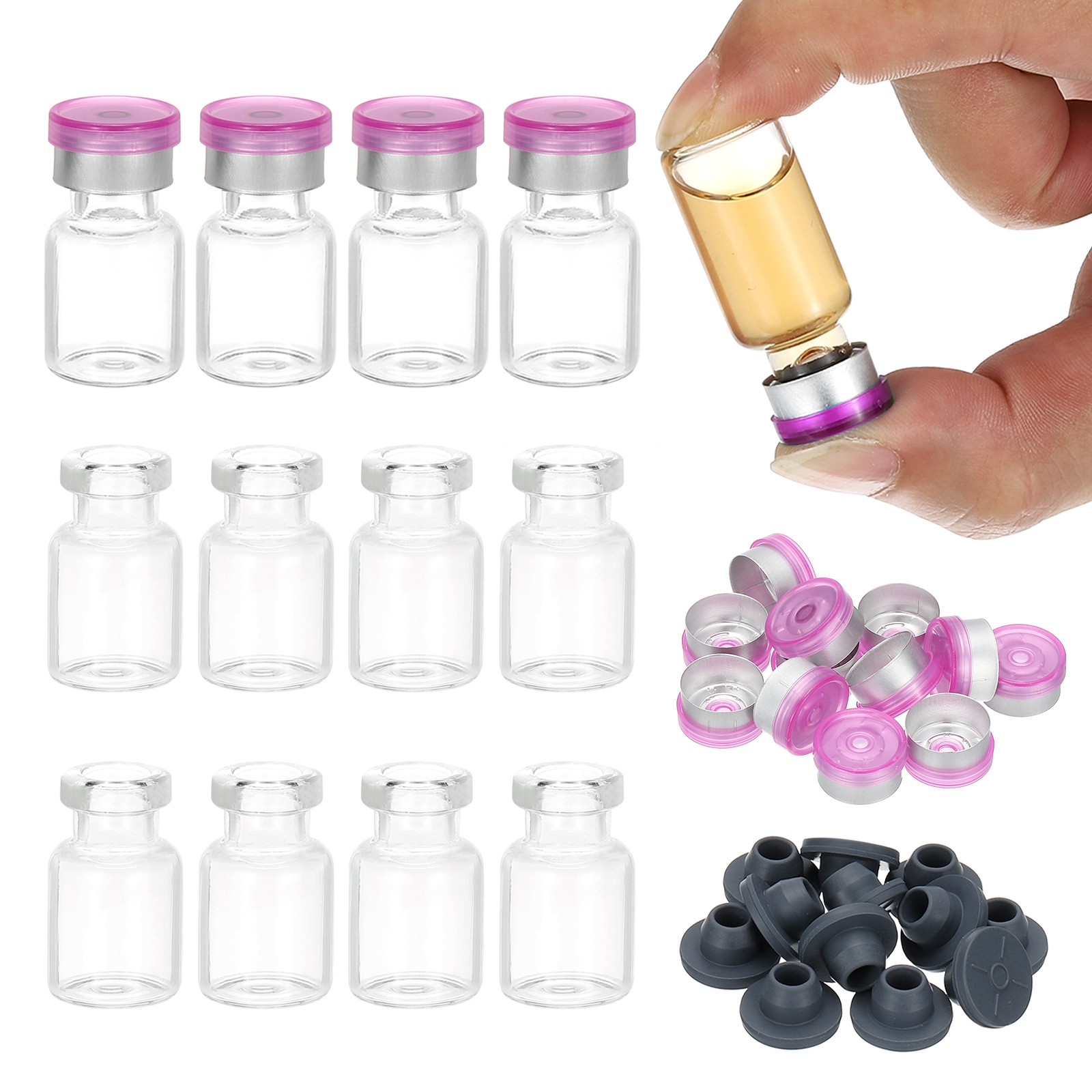 12pcs 2ml Small Clear Glass Vials with Purple Silver Color