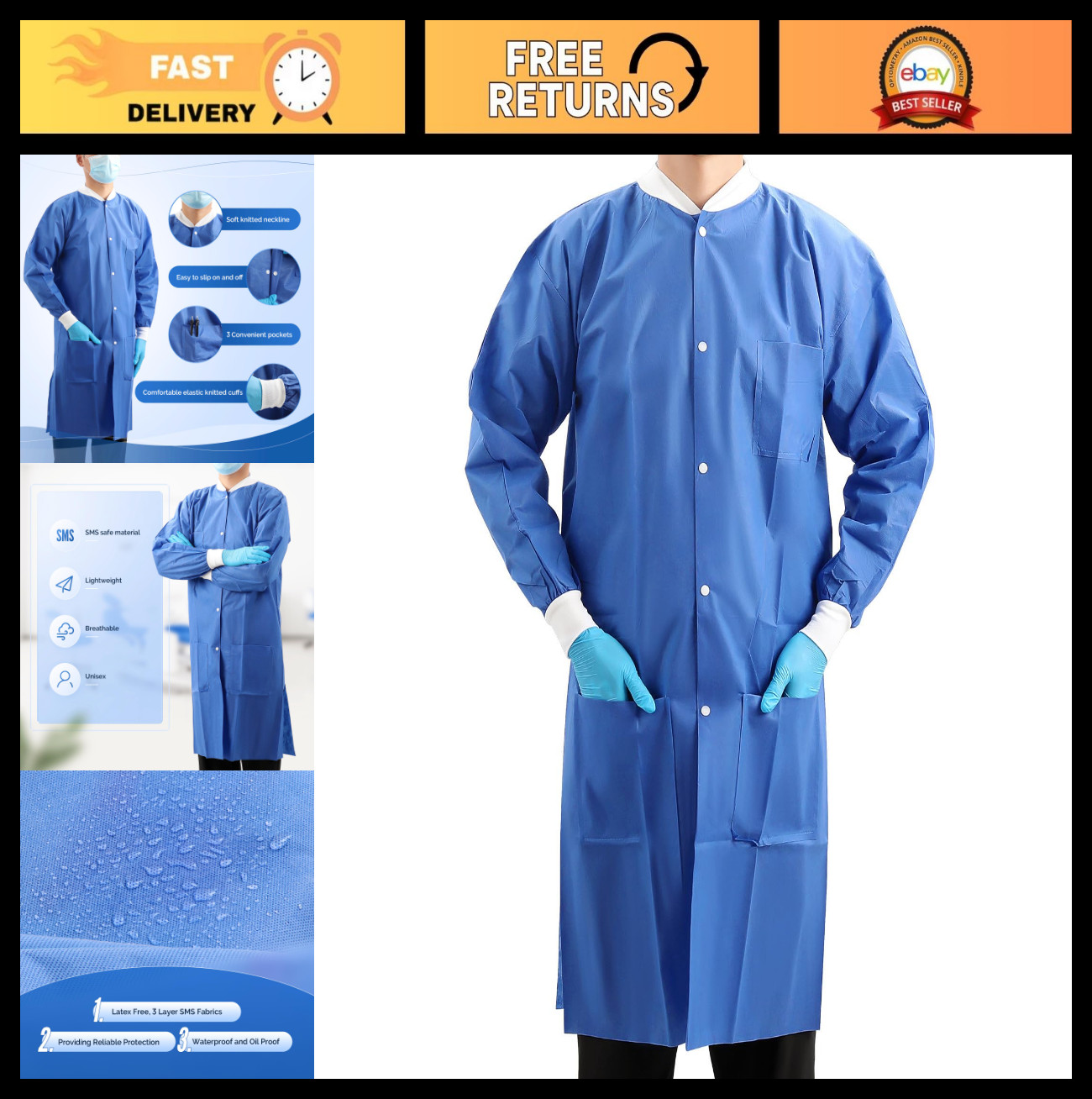 10-100 Pack Disposable Lab Coats, Knee Length Medical Jacket, Knit Cuff, 3 Pocke