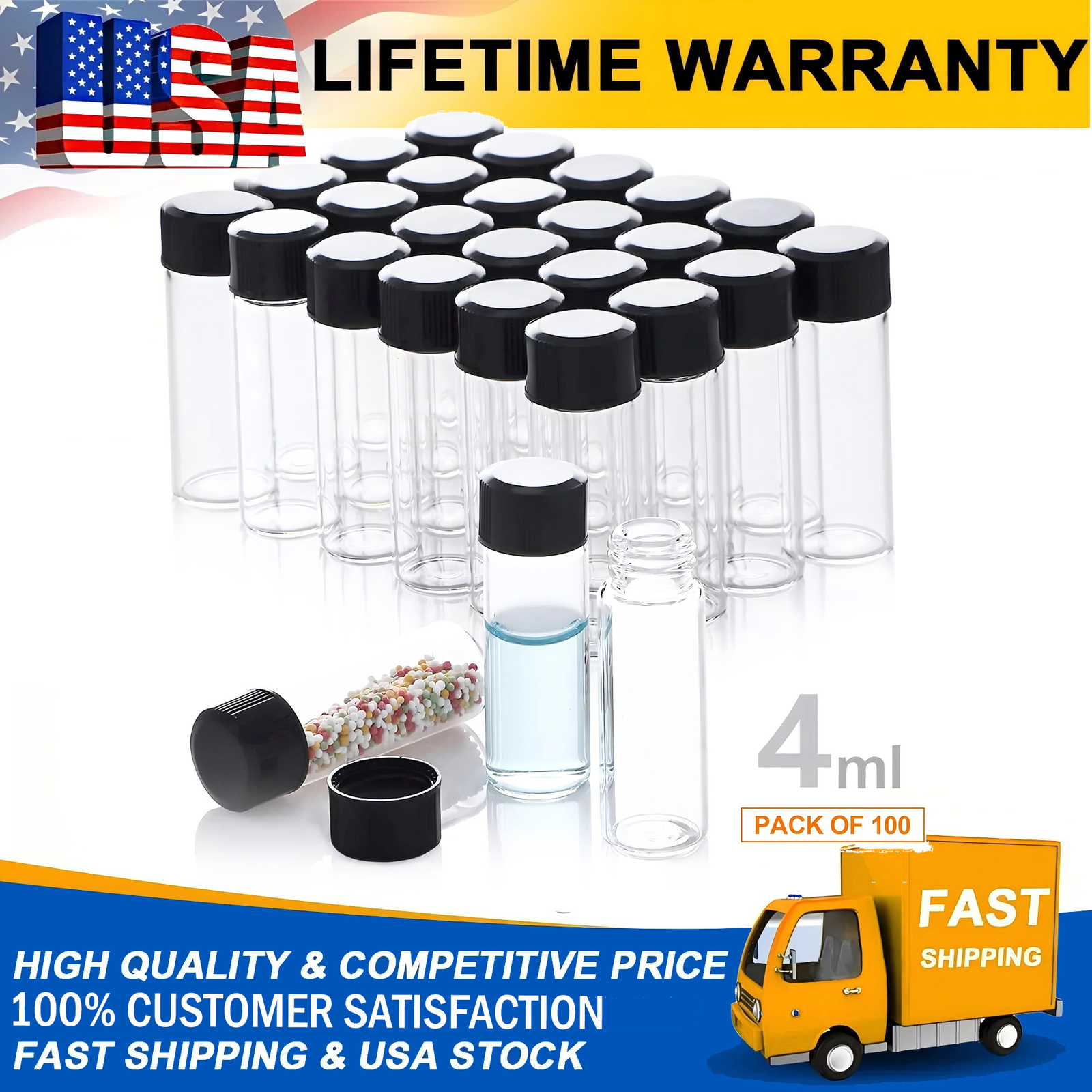 100x 4ml Borosilicate Glass Vials w/ Screw Caps Clear Liquid Sample Vial Bottles
