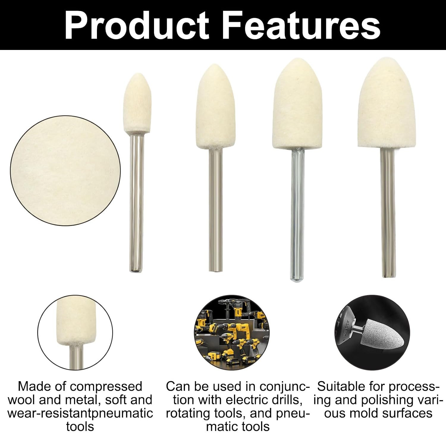 40 Pcs Bullet Shape Wool Polishing Bits, 1/8″ Shank Buffing Wool Felt