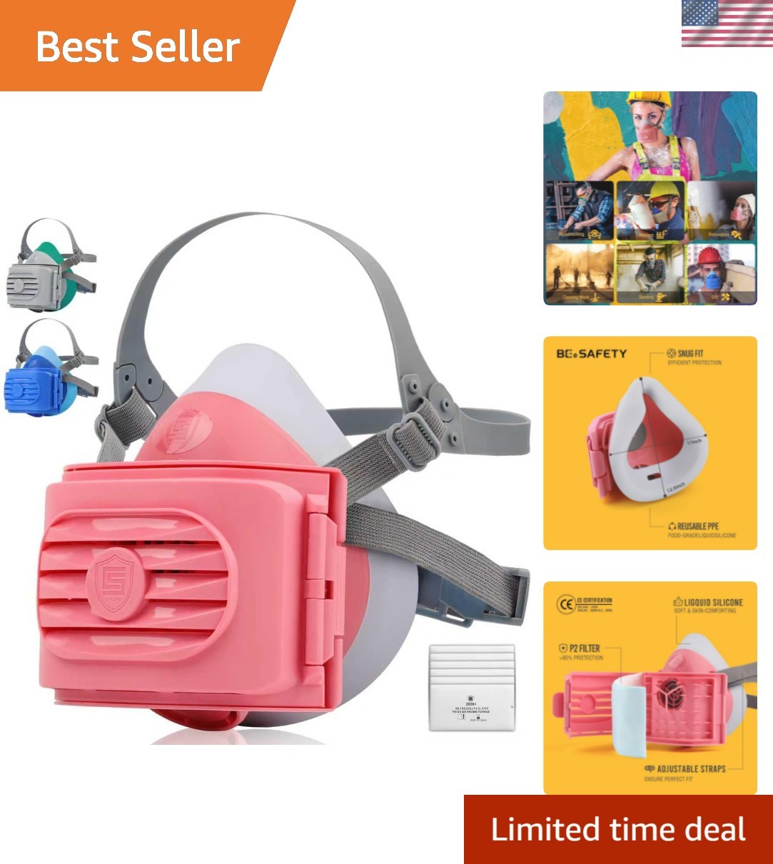Reusable Half Face Respirator Mask with 6 Filters, Food-Grade Silicone Dust M…