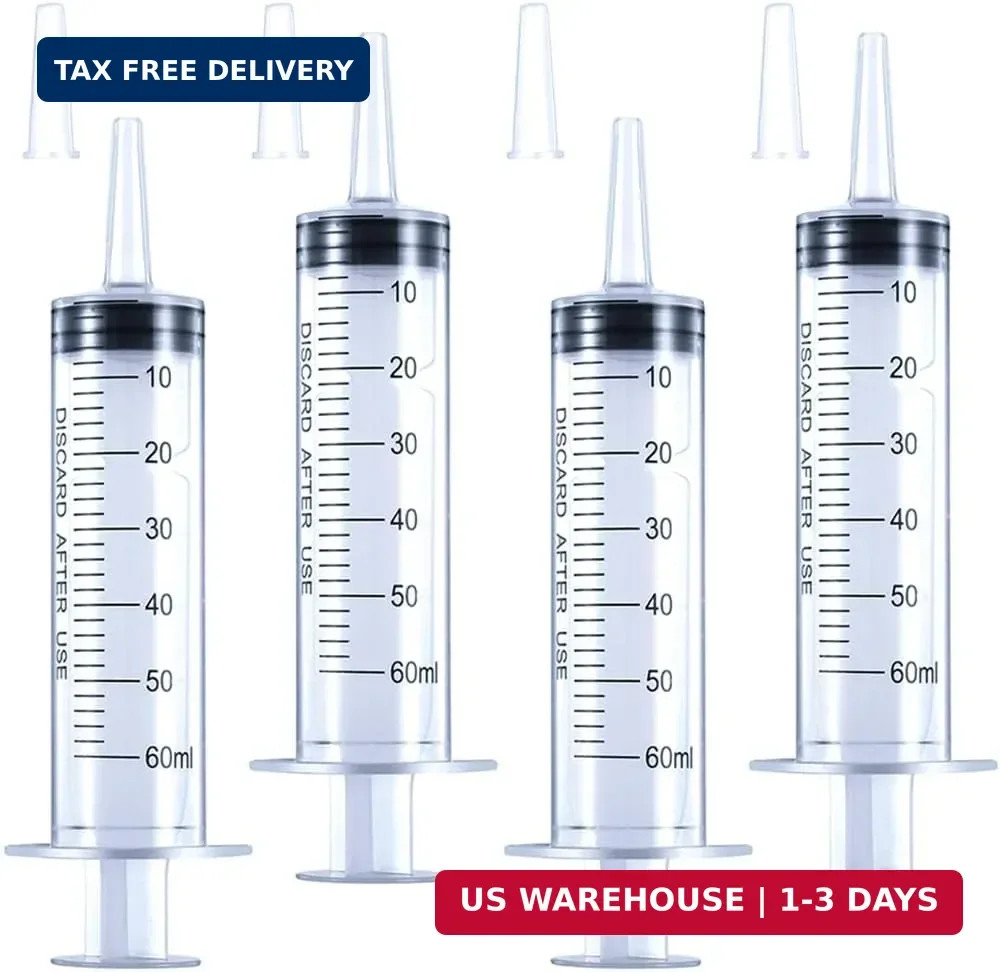 4 Pack 60mL Large Syringe for Liquid with Tip Cap, Plastic Liquid Syringes Indiv