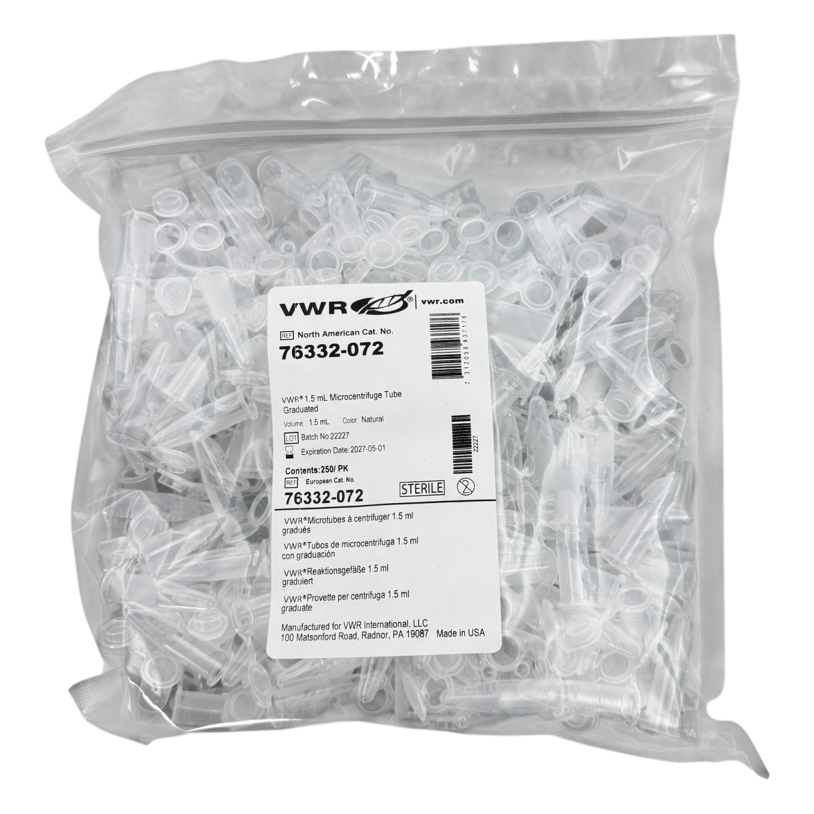 VWR Cat No 76332-072 Microcentrifuge Tube 1.5mL Graduated 250 pcs