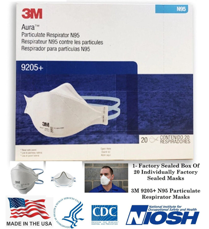 3M Aura 9205+ N95 NIOSH Approved Particulate Respirator Masks Exp. 2025 Qty. 20
