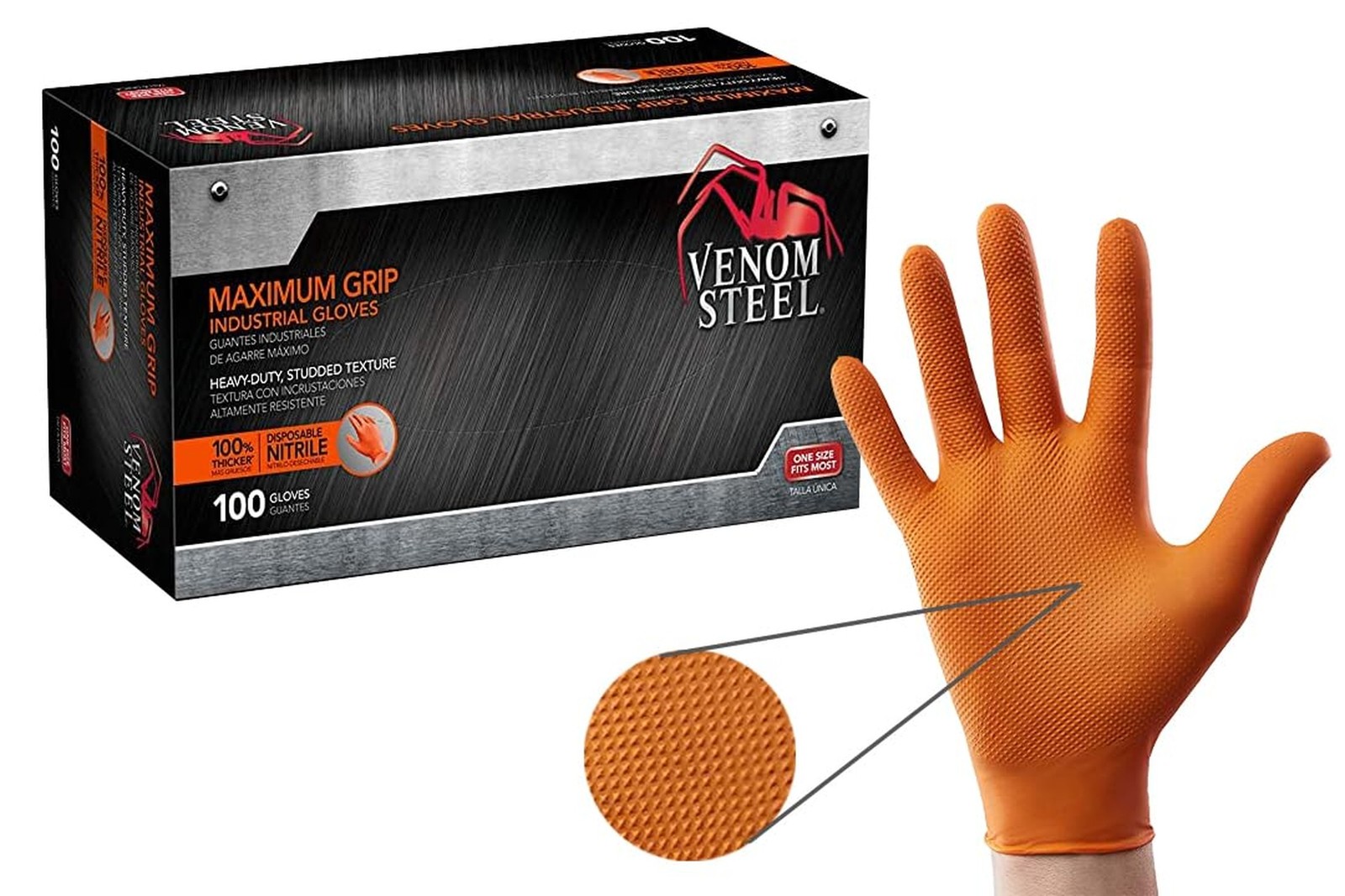 Venom Steel Orange Nitrile Gloves, 8 mil Thick, 100 Count, Maximum Grip Textu…