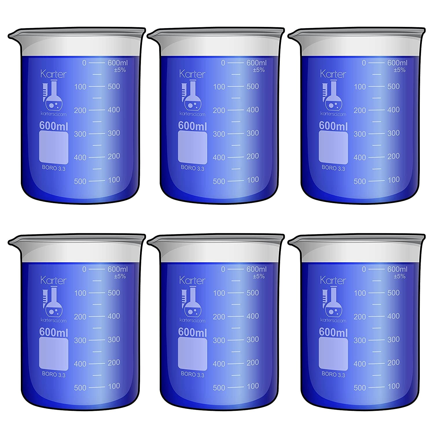 600ml Beaker, Low Form, Borosilicate 3.3 Glass, Double Scale, (2 Packs of 6)