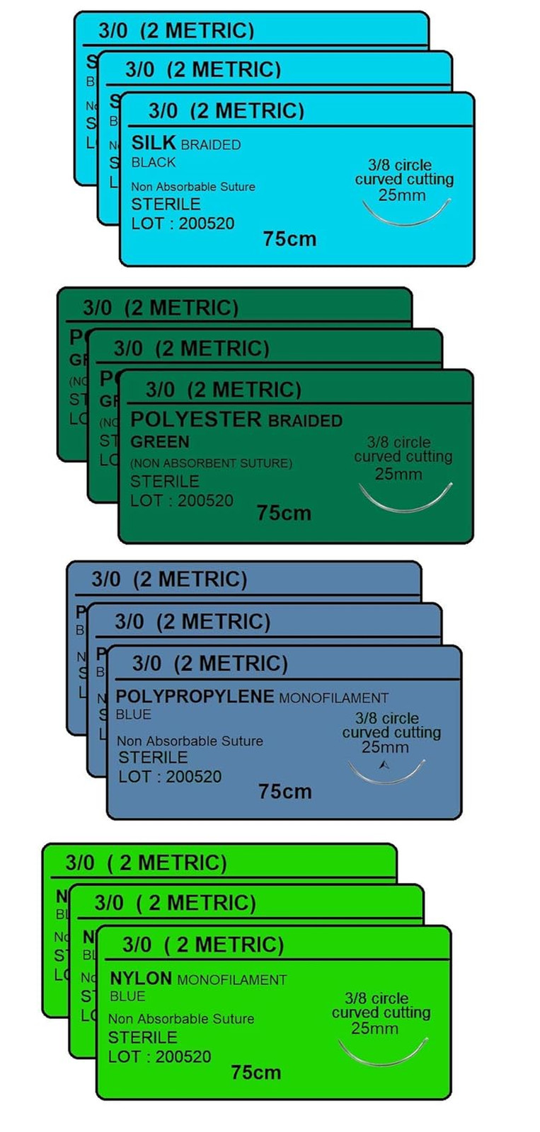 24 PK Mixed Training Sutures Thread with Needle Non-Absorbable: Nylon, Silk, Pol
