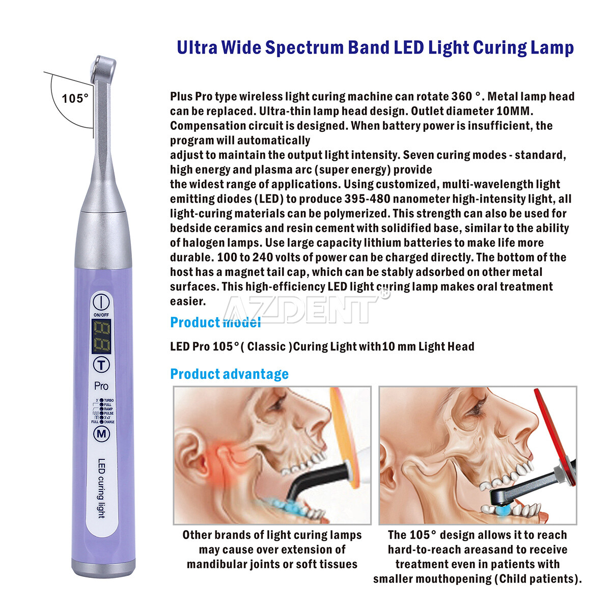Wireless Dental iLed LED Curing Light 1 Second Cure 1800mw/cm² Purple