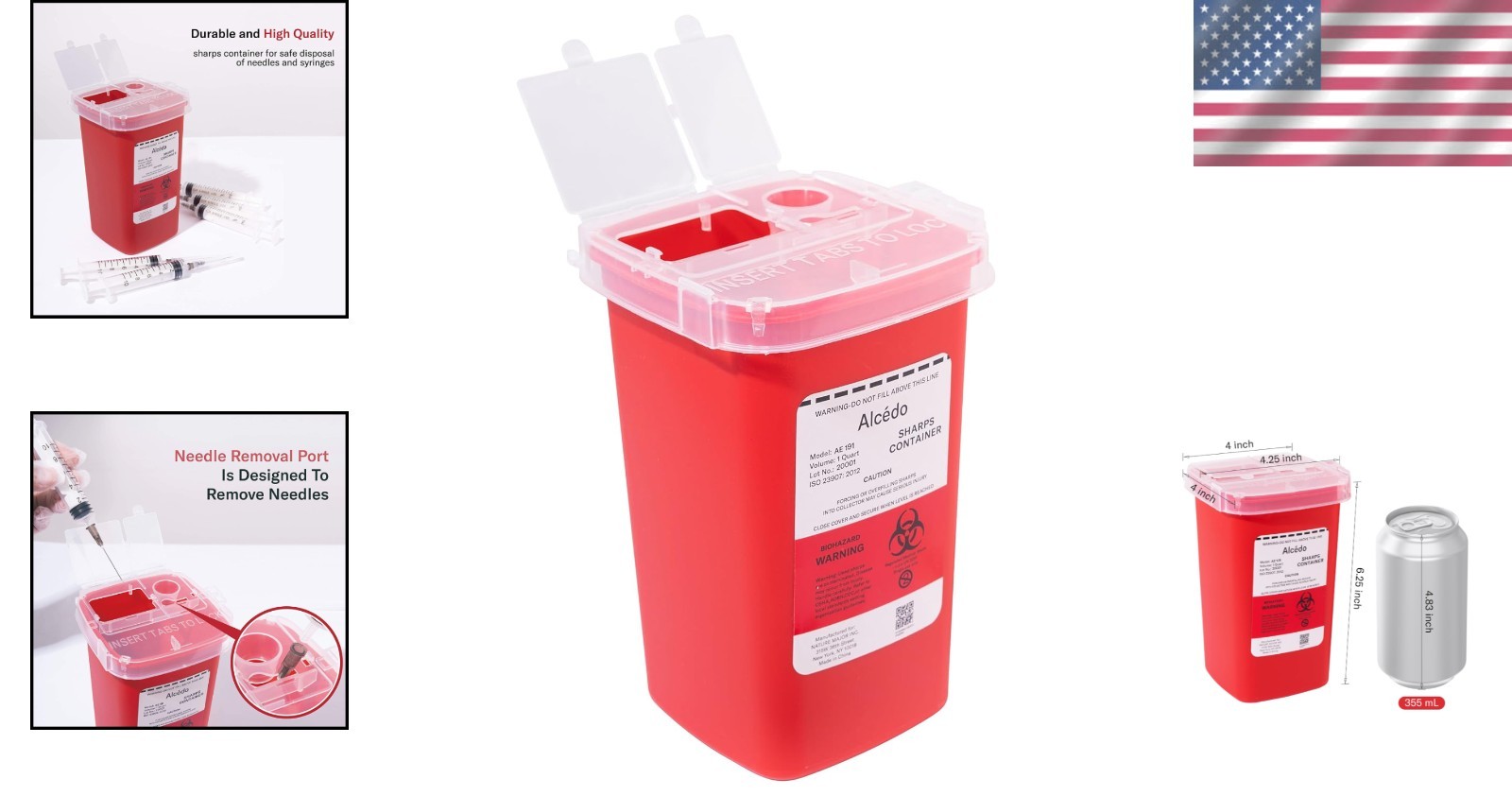 Compact 1 Quart Red Sharps Container for Safe Needle Disposal & Transport