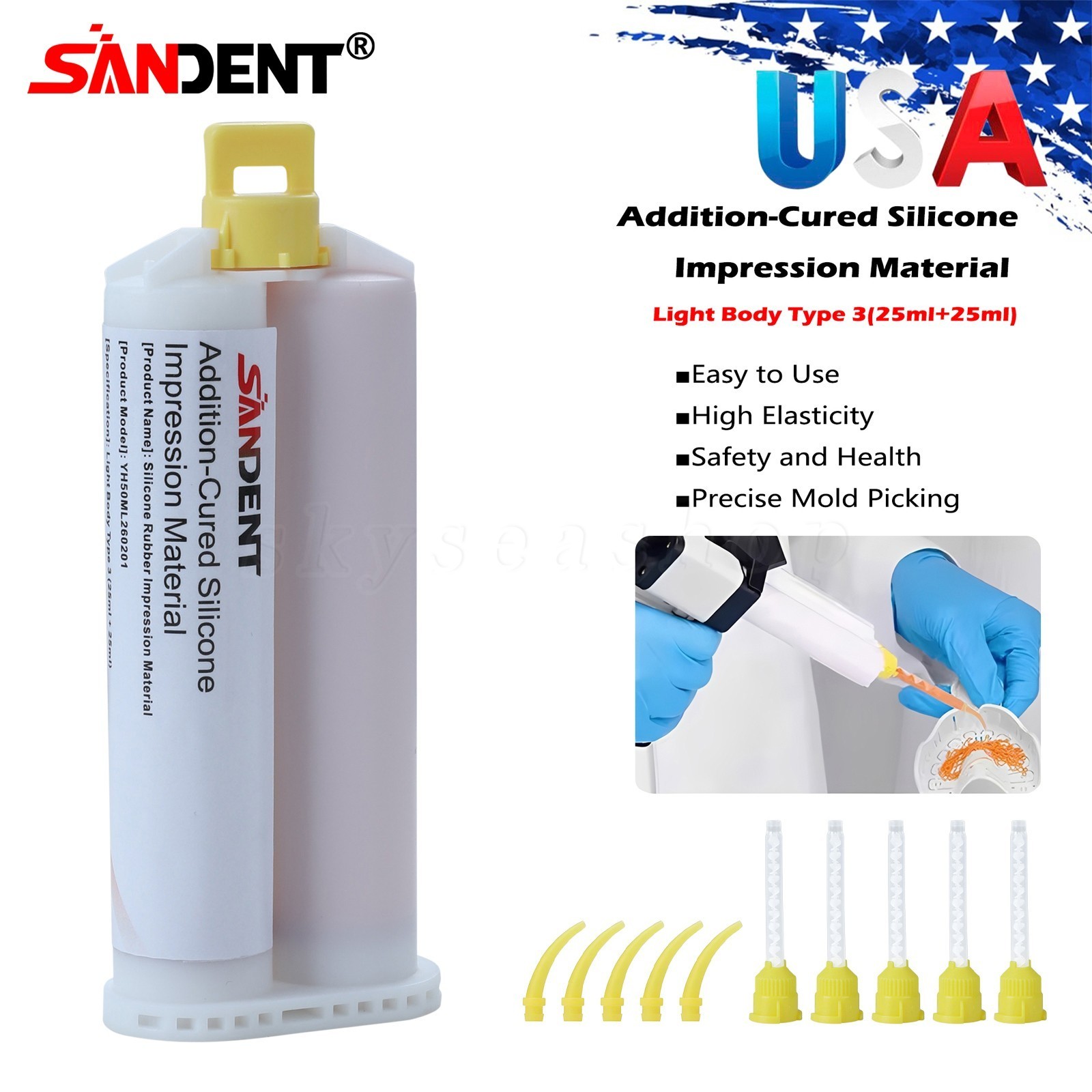 5Packs Dental VPS Putty Impression Material 50ML Base & Catalyst Tips SANDENT
