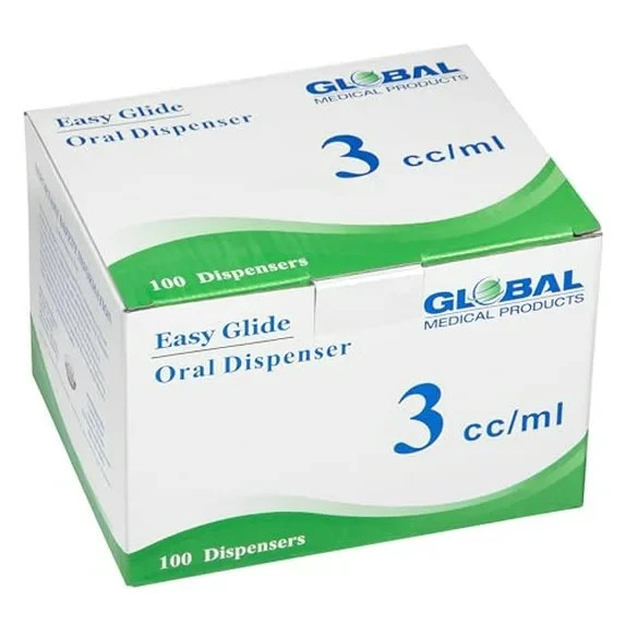 Easy Glide 3ml 3cc Oral Syringe, Sterile, Caps Included, 100 Pack