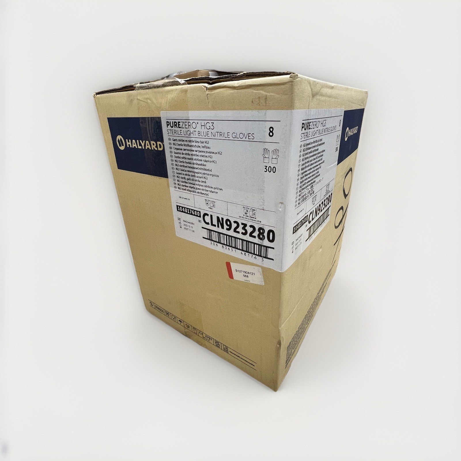 Halyard PureZero HG3 CLN923280 Sterile Light Blue Nitrile Gloves Size 8 Case