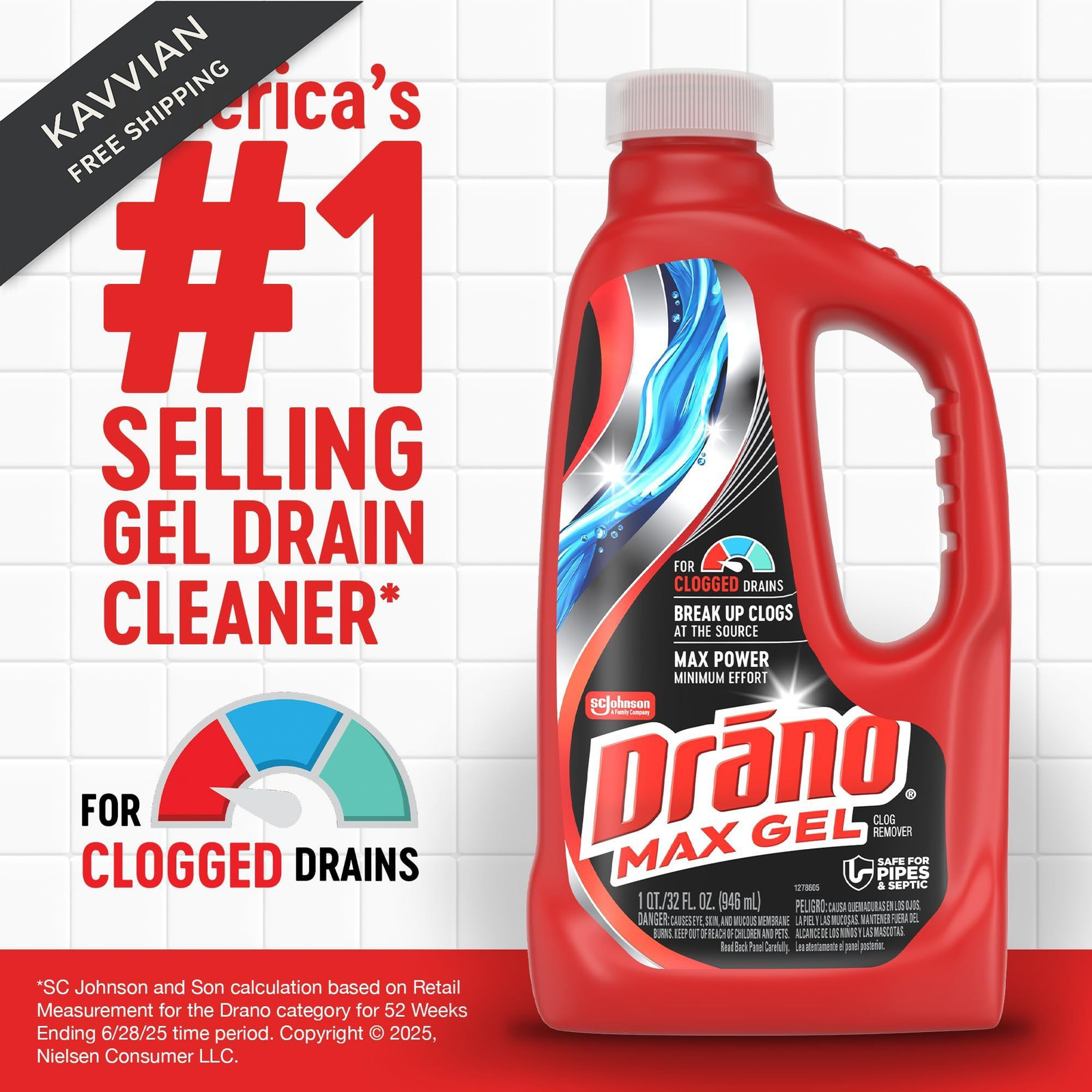 Drano Max Gel Drain Clog Remover & Cleaner, Fast-Acting 32 Fl Oz (Pack of 1)