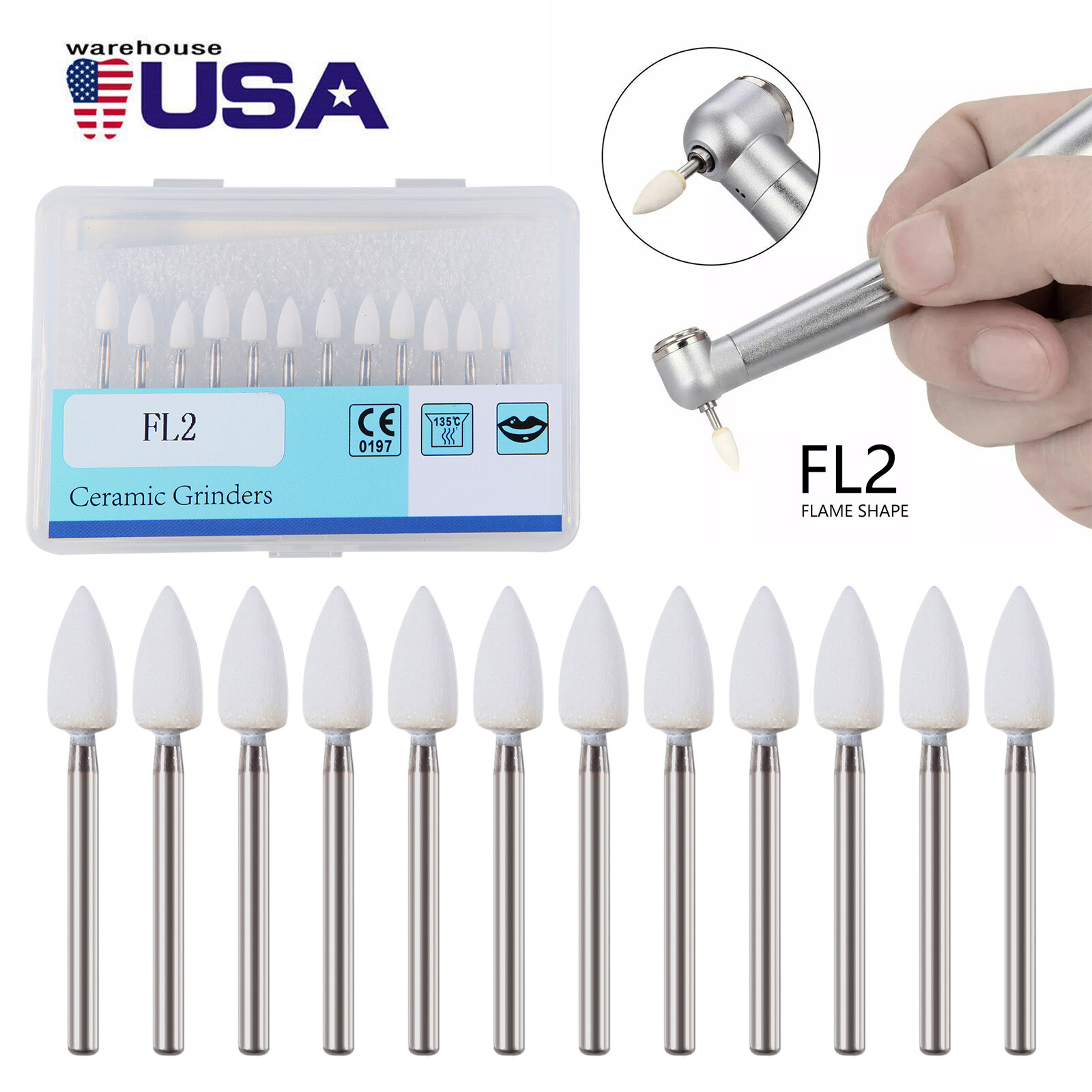 1-5Box Dental Flame White Stone Polishing FG Burs FL2 Abrasion Point Bur