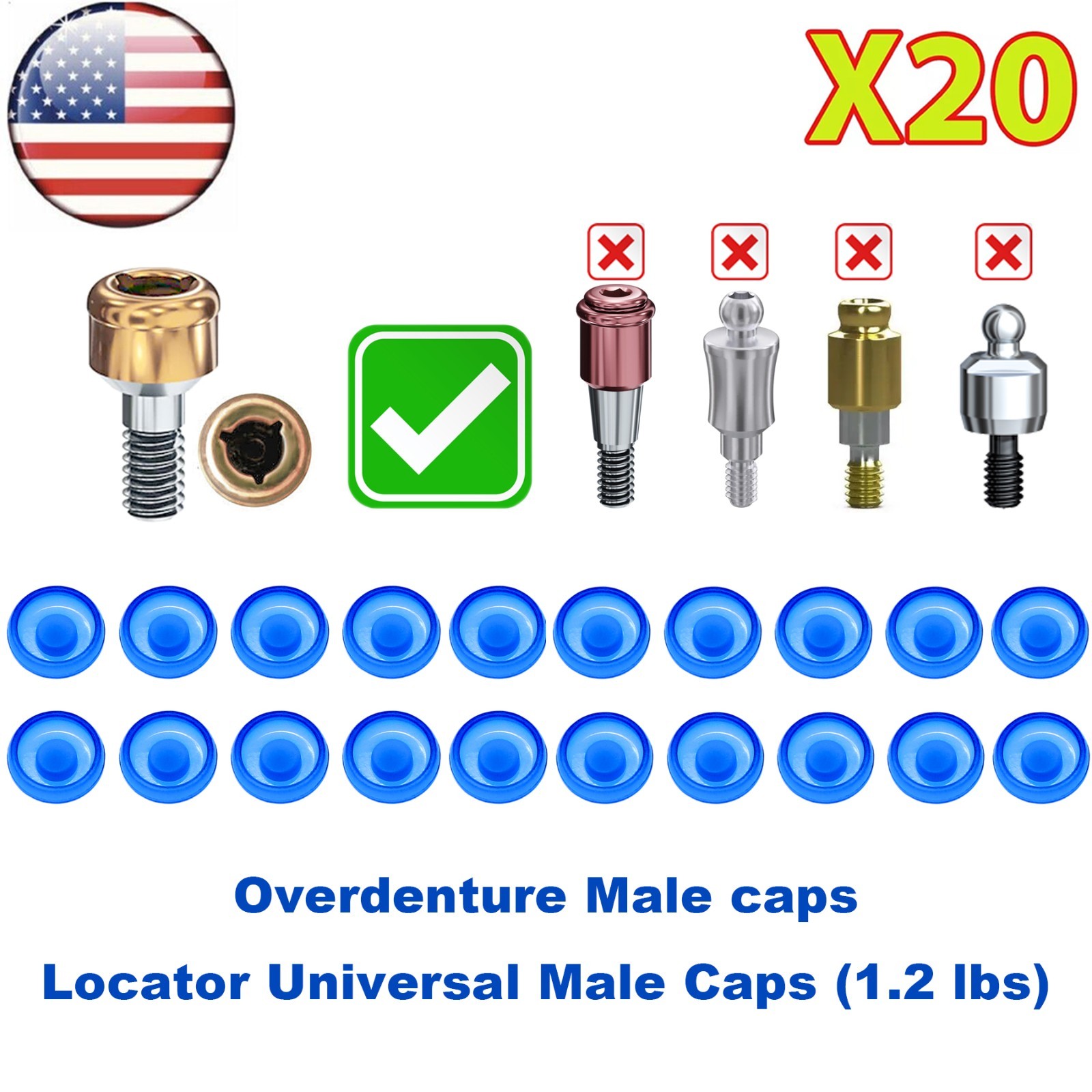 US Dental Overdenture Locator Universal Implant Retention Caps 1.2lbs Blue