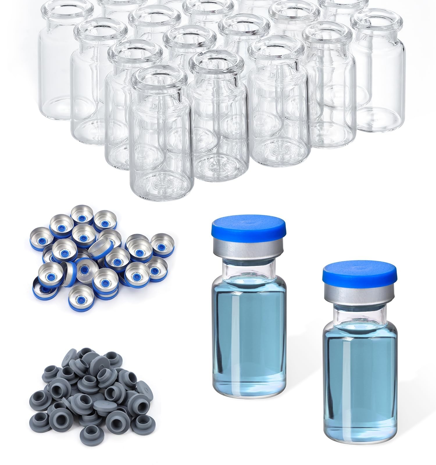 200 PCS 10ml Clear Glass Vials with Rubber Stoppers & Flip Caps for Lab Use