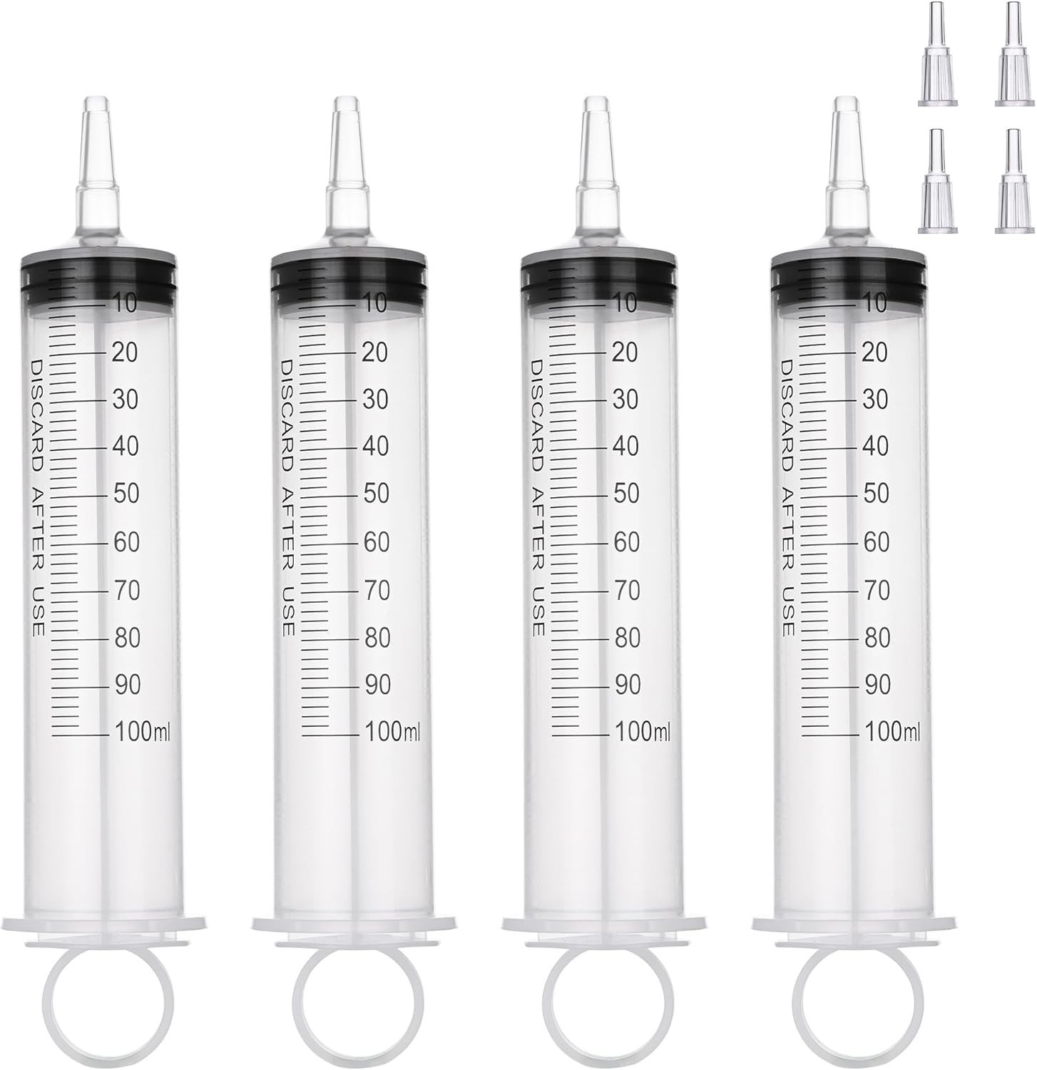 4 Pack 100mL Syringes, Large Plastic Syringe with Tip Adapter for clear