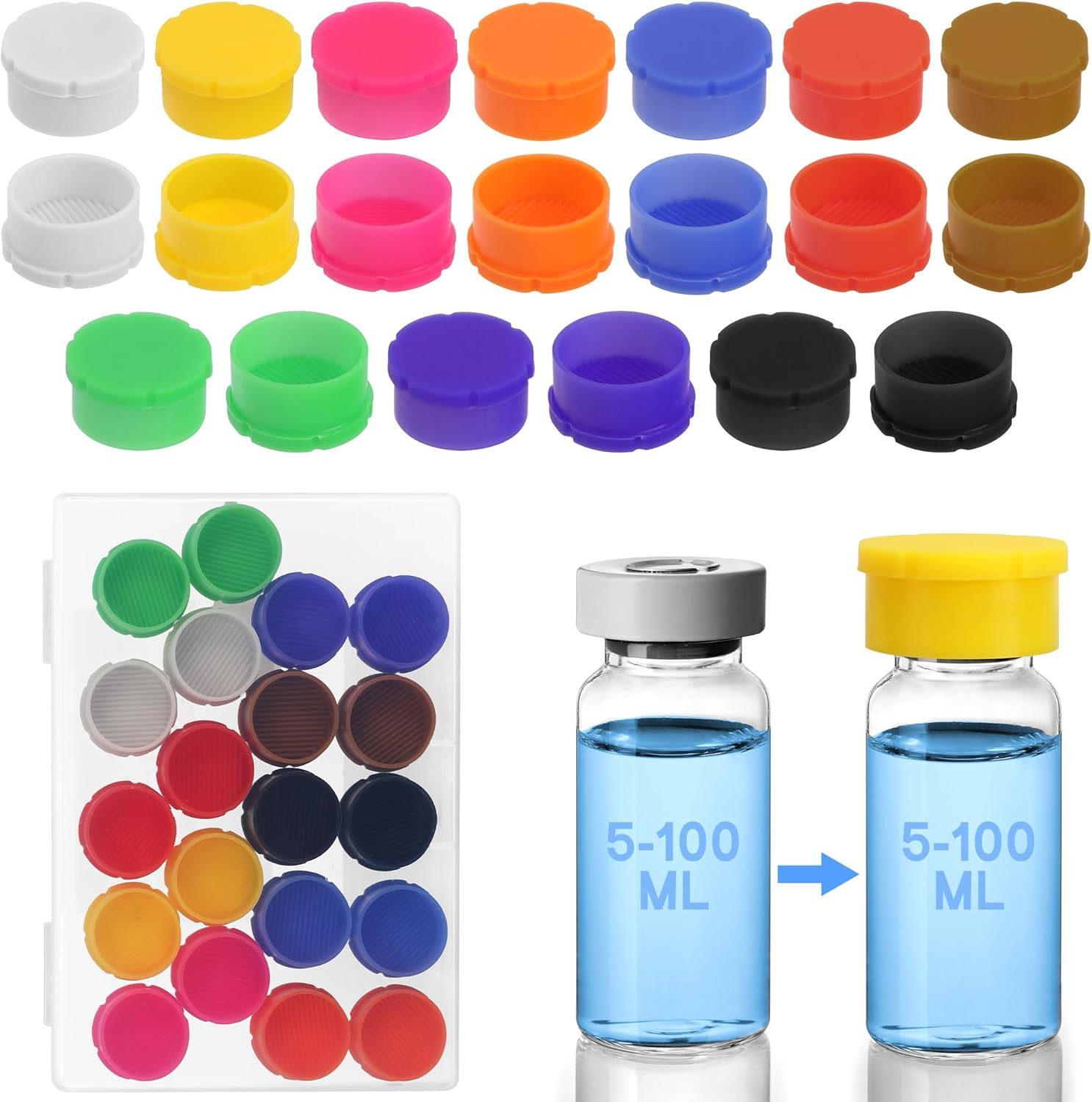 20 Pack 5-100Ml Glass Vials Protective Vial Caps, Leak-Proof Dust-Resistant Lids