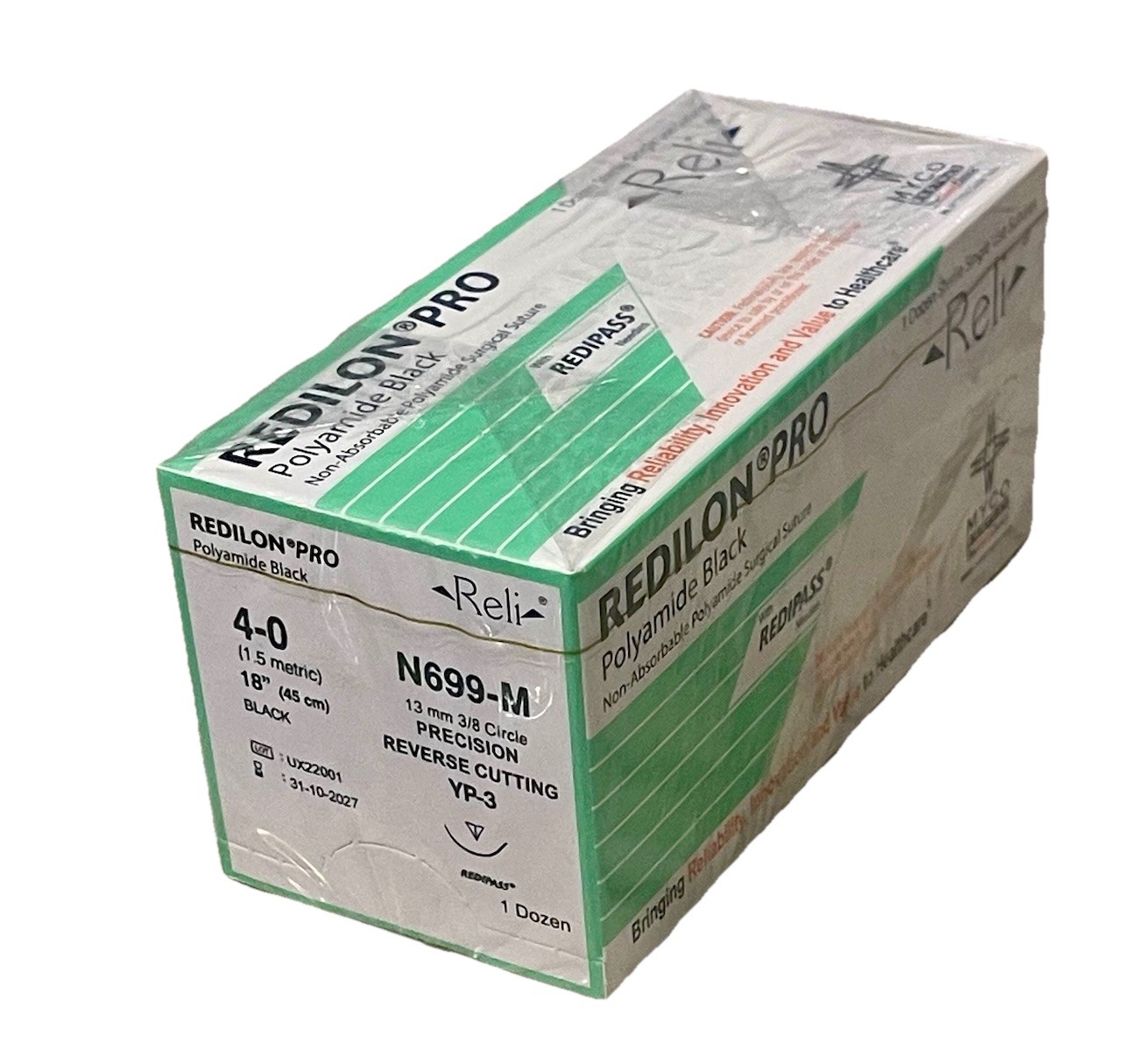 Reli Redilon Pro 4-0 Nylon Suture N699-M 13mm 3/8 Circle PRC YP-3 Exp 2027 12ct