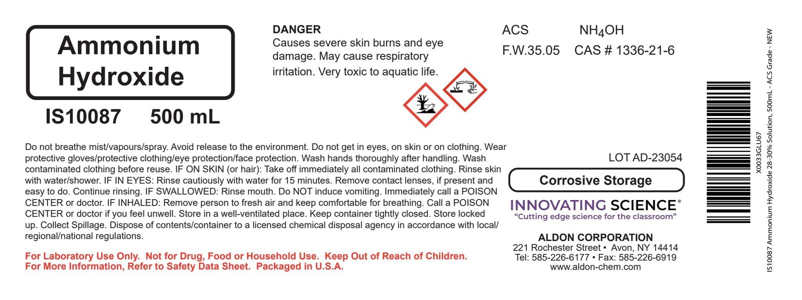 Ammonium Hydroxide 28-30% Solution, 500mL – ACS Grade – The 2.8″dia x 6.6″H