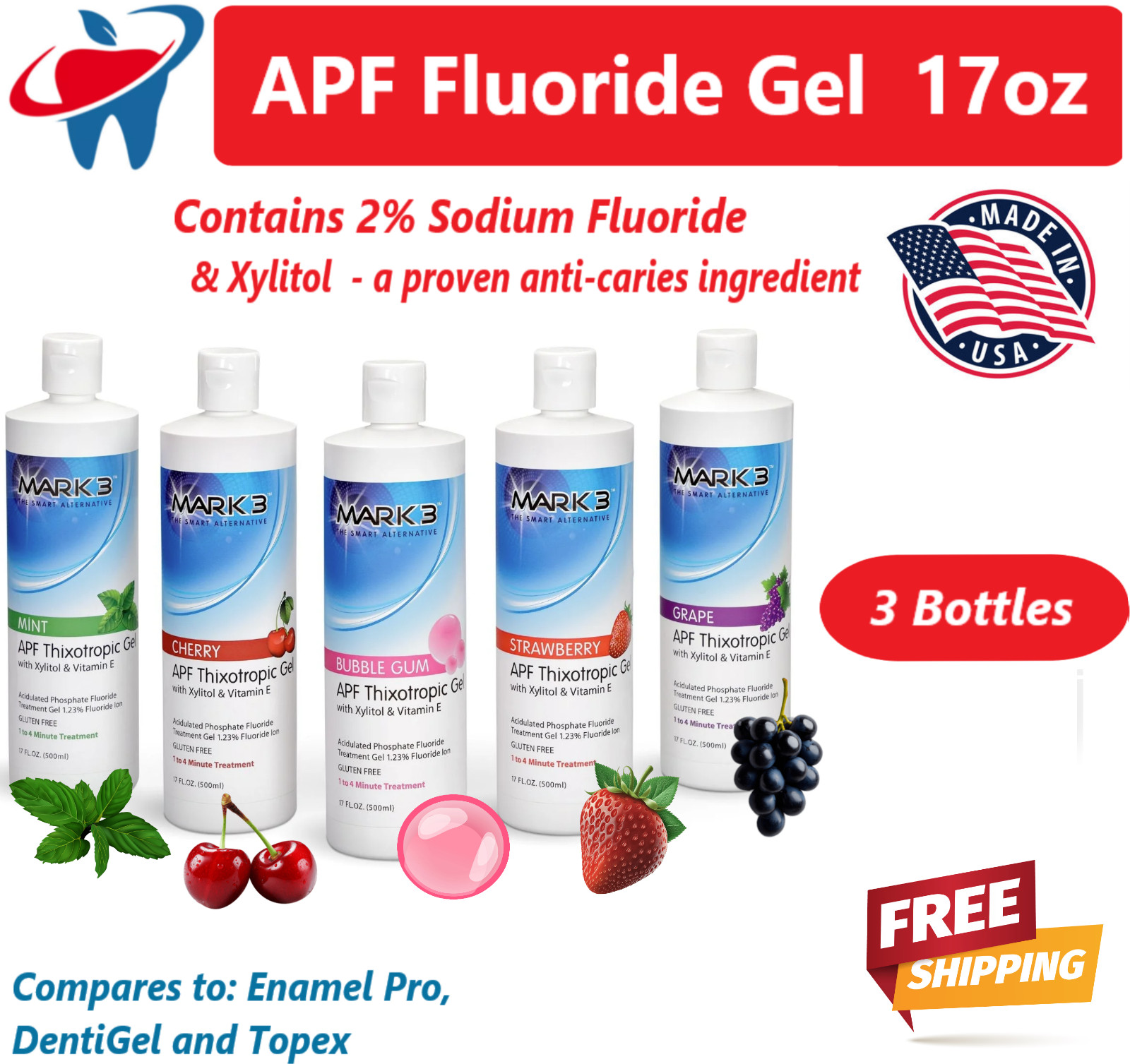 3Pk Dental APF Fluoride Gel 17oz with Vitamin E, 6 Flavors, Made in USA – MARK3
