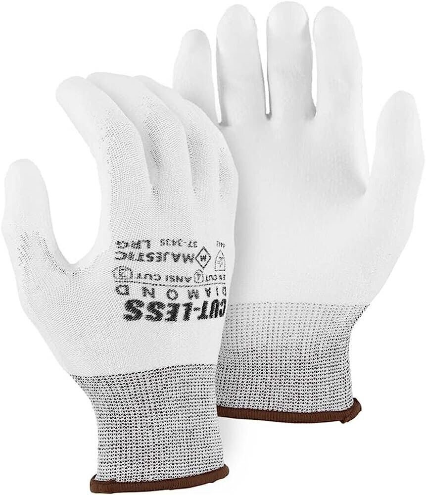 Majestic 37-3435 White Cut-Less Diamond Seamless Knit Glove PU Palm Large 3 Pair