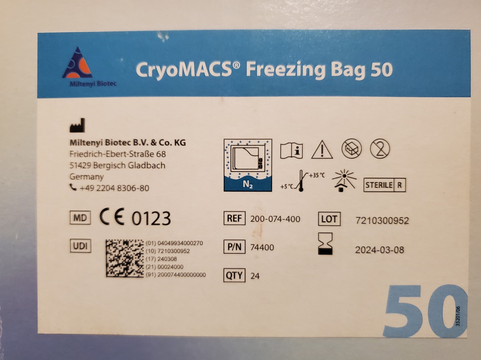 Miltenyi Biotec 200-074-400 CryoMACS Freezing Bag 50. 24 Bags. Free Shipping US