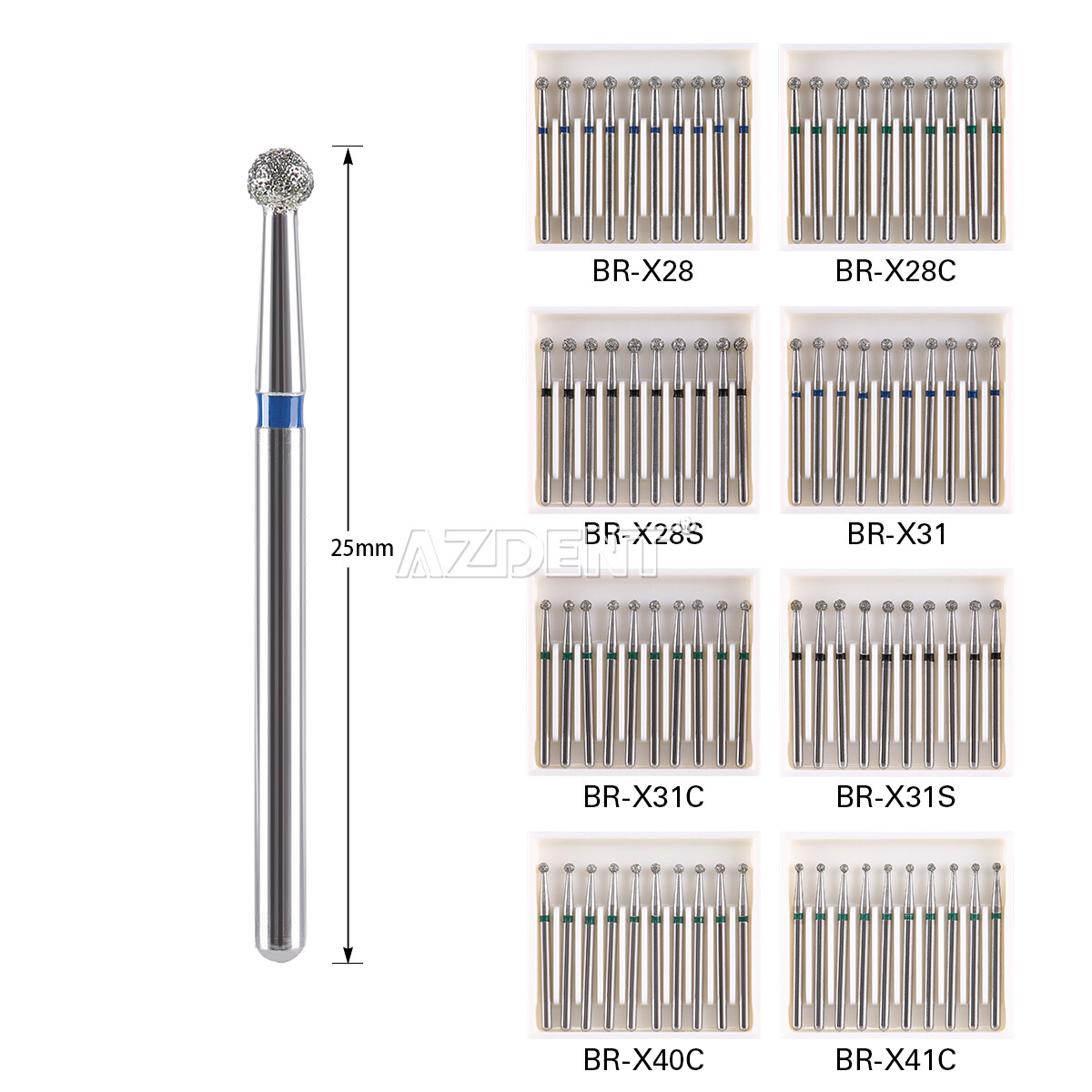 8Types AZDENT Dental Diamond Burs Stainless Steel Ball Round FG XL FG 1.6mm 25mm