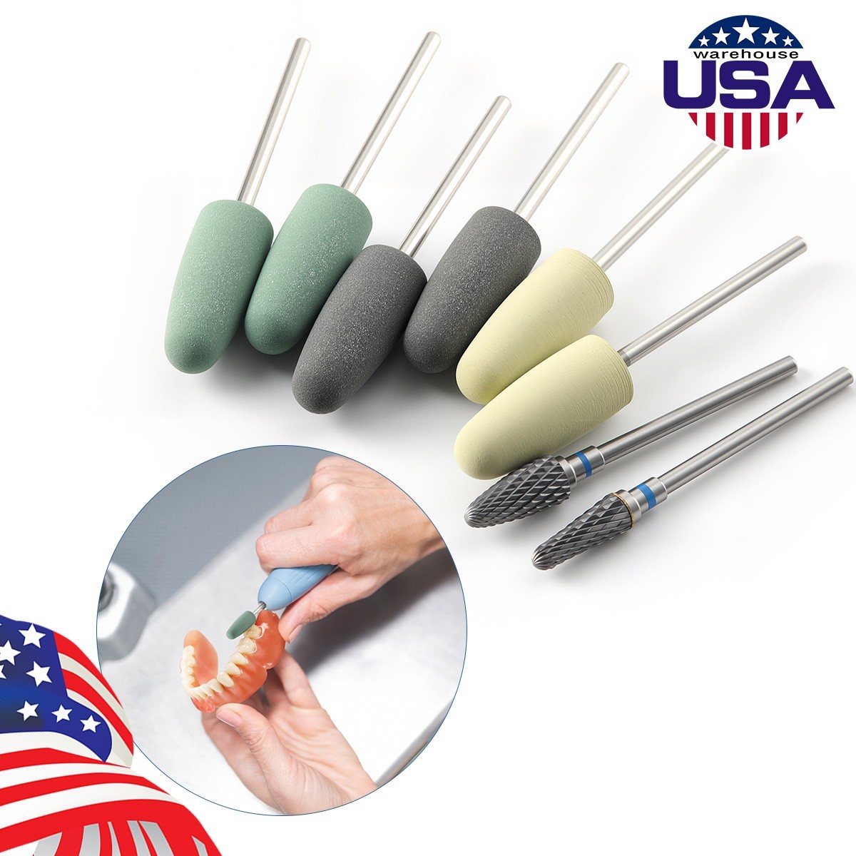 US 8Pcs Dental Resin Base Acrylic Polishing Kit HP Tungsten Carbide Polisher