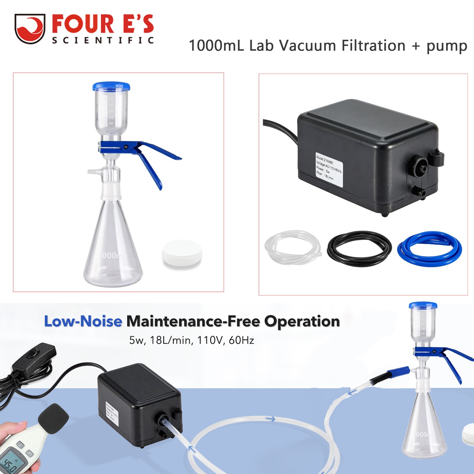 1L Lab Vacuum Filtration Flask Glass Filtration Kit + Lab Vacuum Pump 18 L/Min