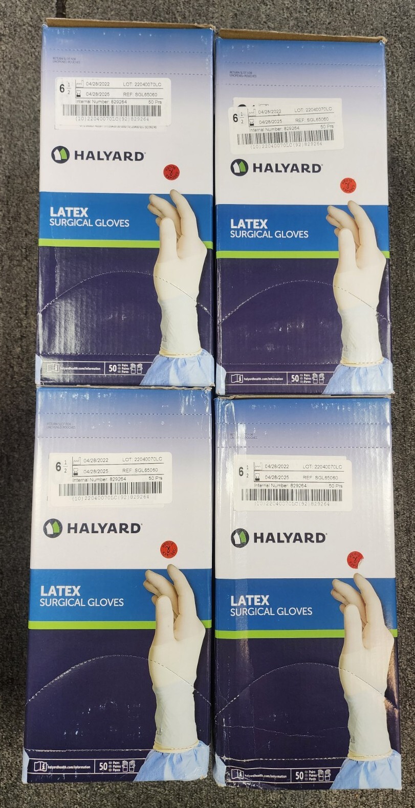 4 CASES Halyard Latex Surgical Gloves – Size 6.5 (200 prs) EXP 2025/04/28