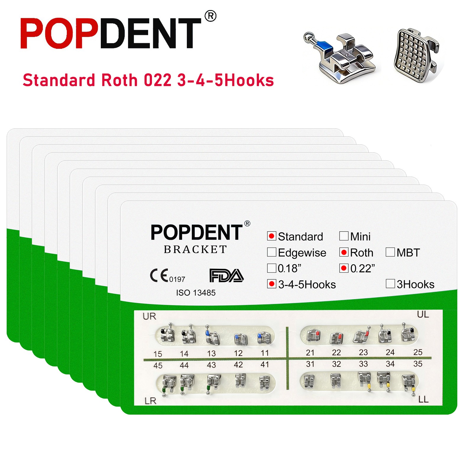 10Kit POPDENT Dental Orthodontic Metal Brackets Standard Roth 022 345H Monoblock