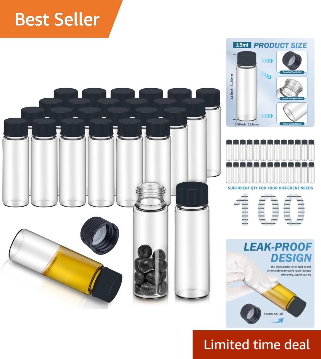 100pcs 15ml Leak-Proof Borosilicate Glass Vials with PE Seal for Beauty & Labs