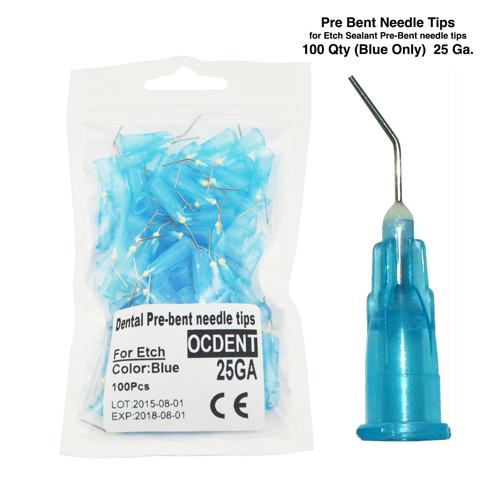 Dental Pre-Bent Dispensing Needle Tips for Etch Sealant Blue 25 Gauge 100/pk