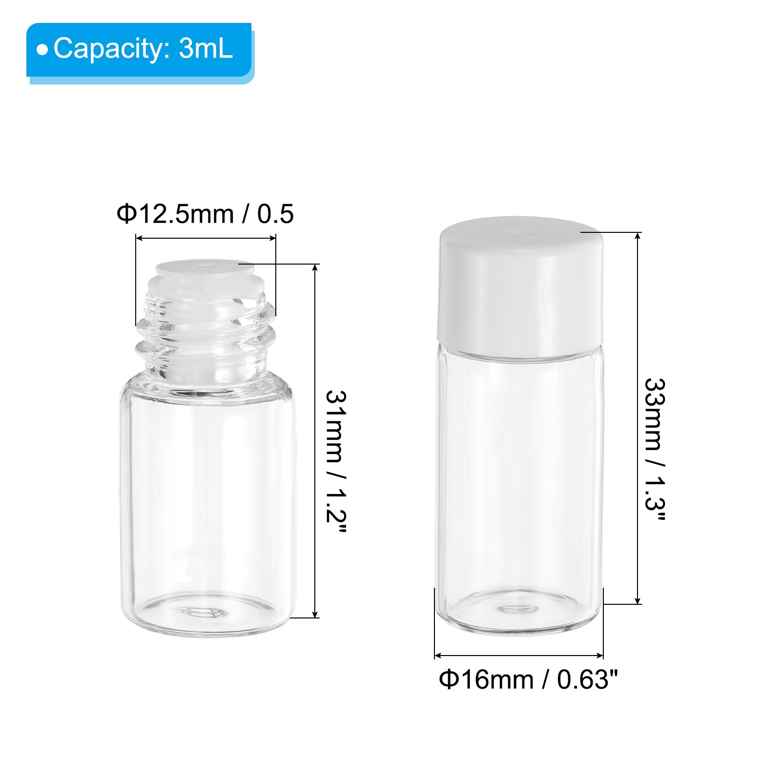 3ml Essential Oil Bottles, 18 Pack Clear Glass Bottles Bright Screw Cap, White