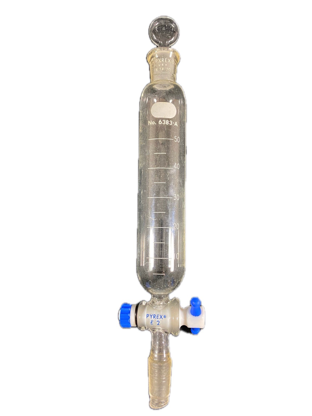 PYREX 50mL Cylindrical Separatory Funnel Stopcock #14/20 Stopper Neck 6383A-50