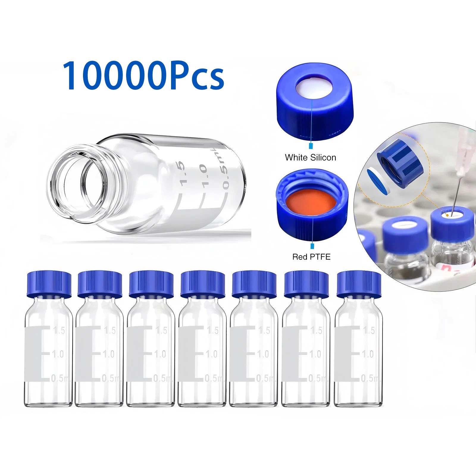 2ml 10000 Pcs Autosampler Vials Transparent Sample Bottle with Blue Screw Caps