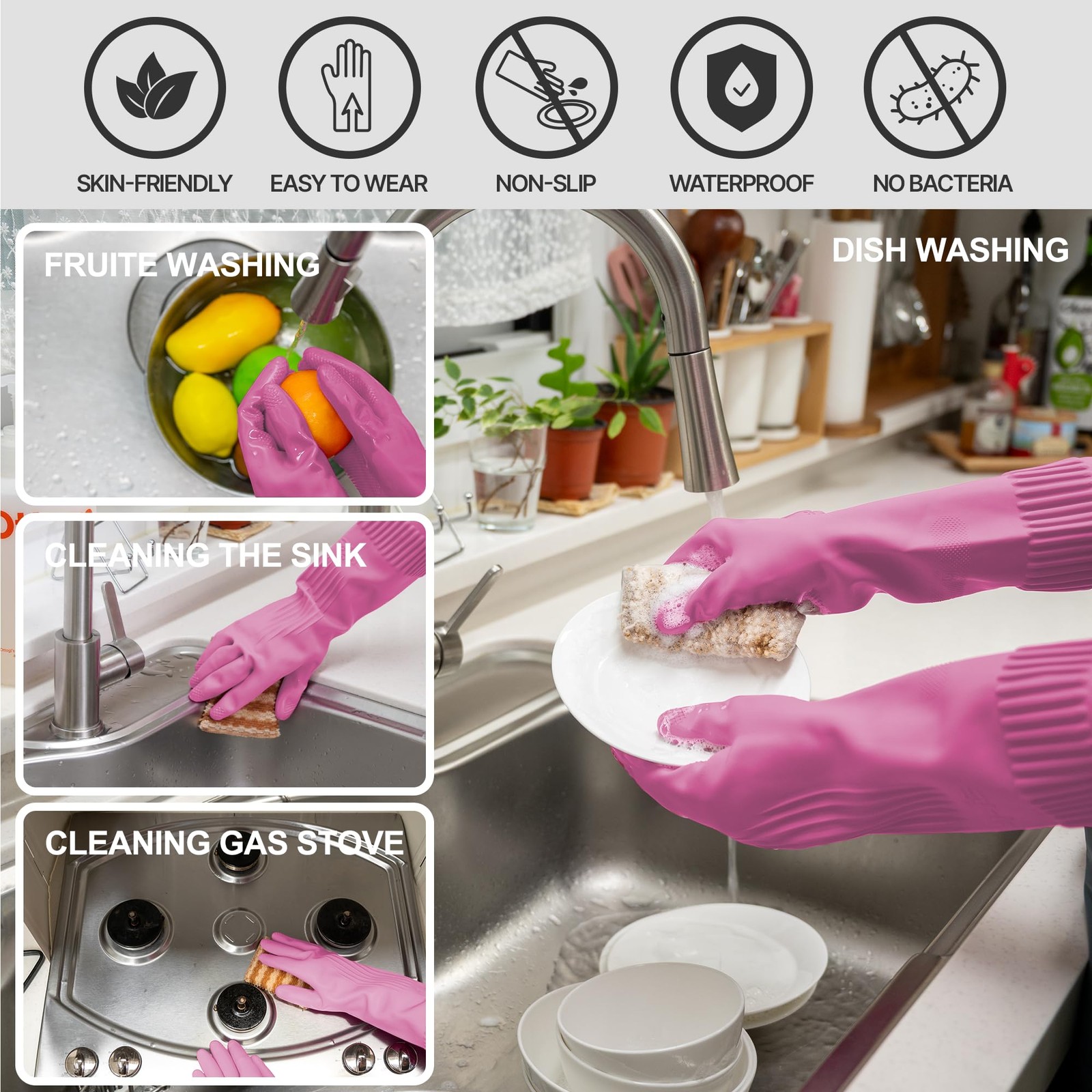 DABOGOSA Reusable Waterproof Dishwashing Gloves Pink XXL 2 Pairs