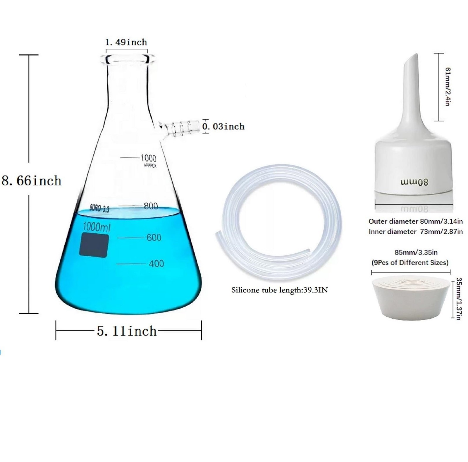 Brinell Funnel Filter Set, 80mm Funnel, 1000ml Beaker Bottle, Glass White