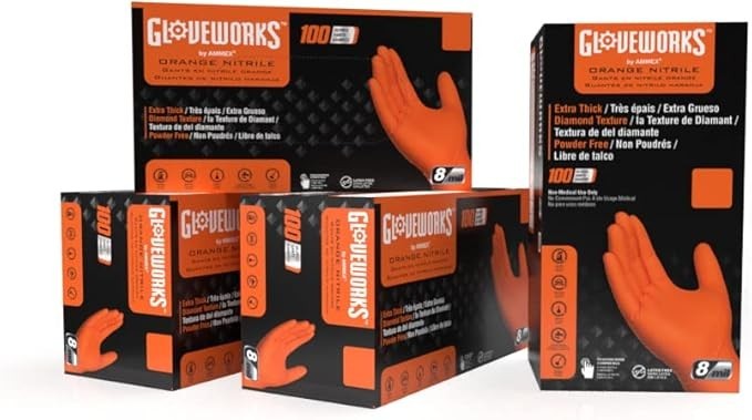 GLOVEWORKS HD Orange Nitrile Gloves 8Mil Raised Diamond Texture, Medium, 400ct