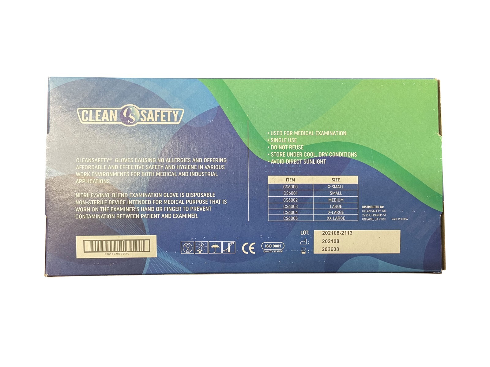 Clean safety CS6003 Vinyl Co-Polymer Powder Free Gloves, Case of 1000 Gloves