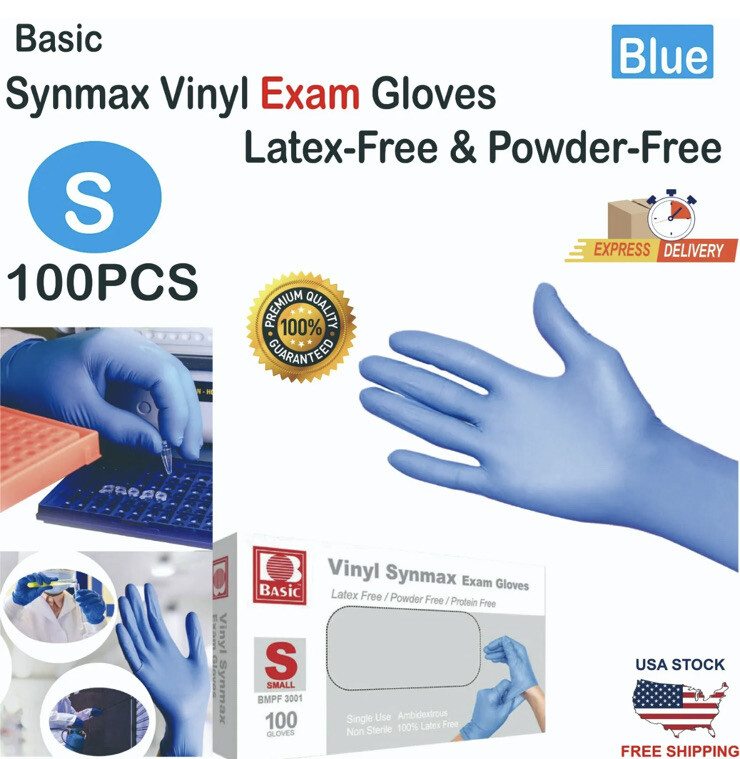 Basic 10-2000PCS Blue Synmax Vinyl Exam Gloves Latex-Free S-SIZE- 4 BOXES (400)