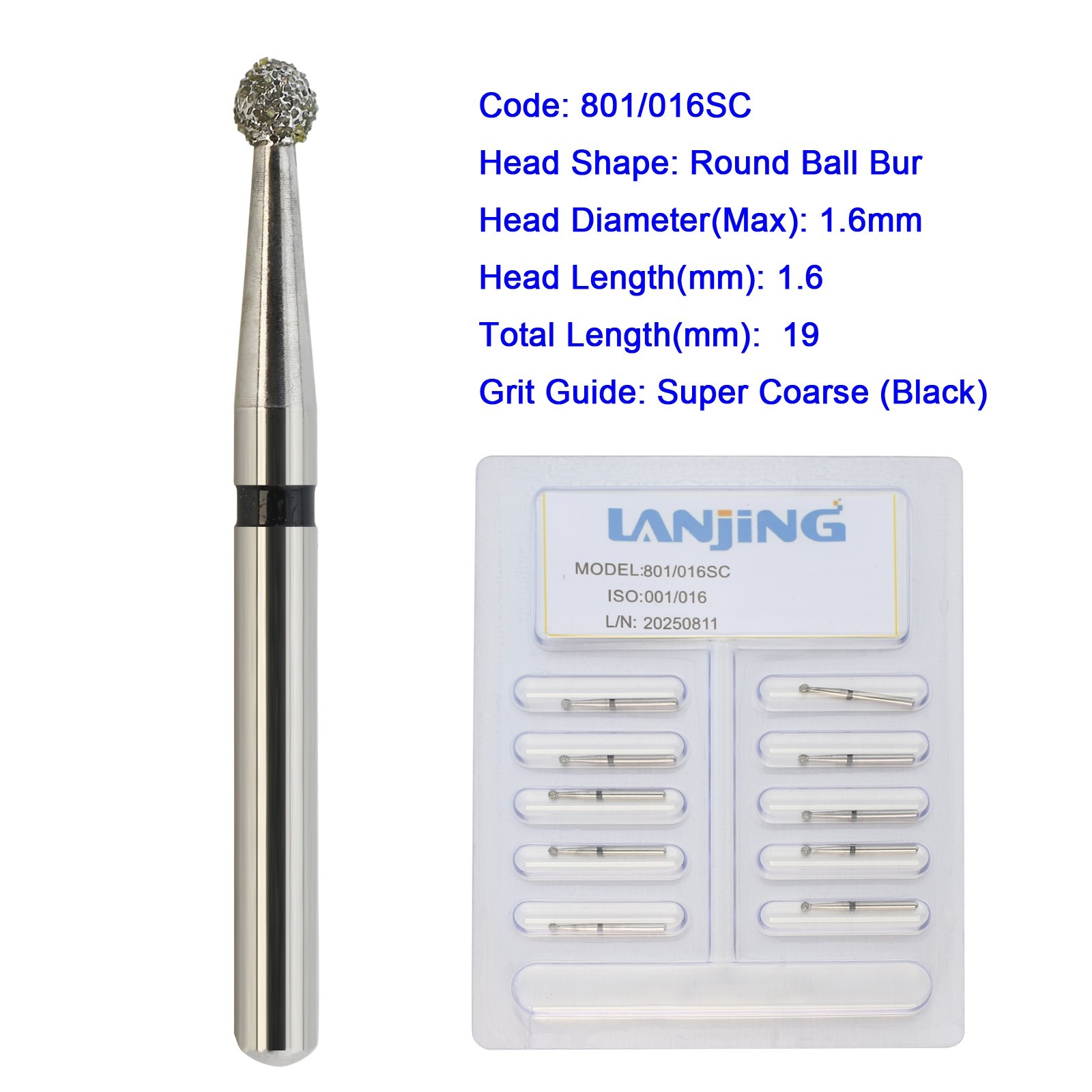 Dental Diamond Bur Multi-use Long Round Ball Bur FG High Speed 801 Surgical 801L