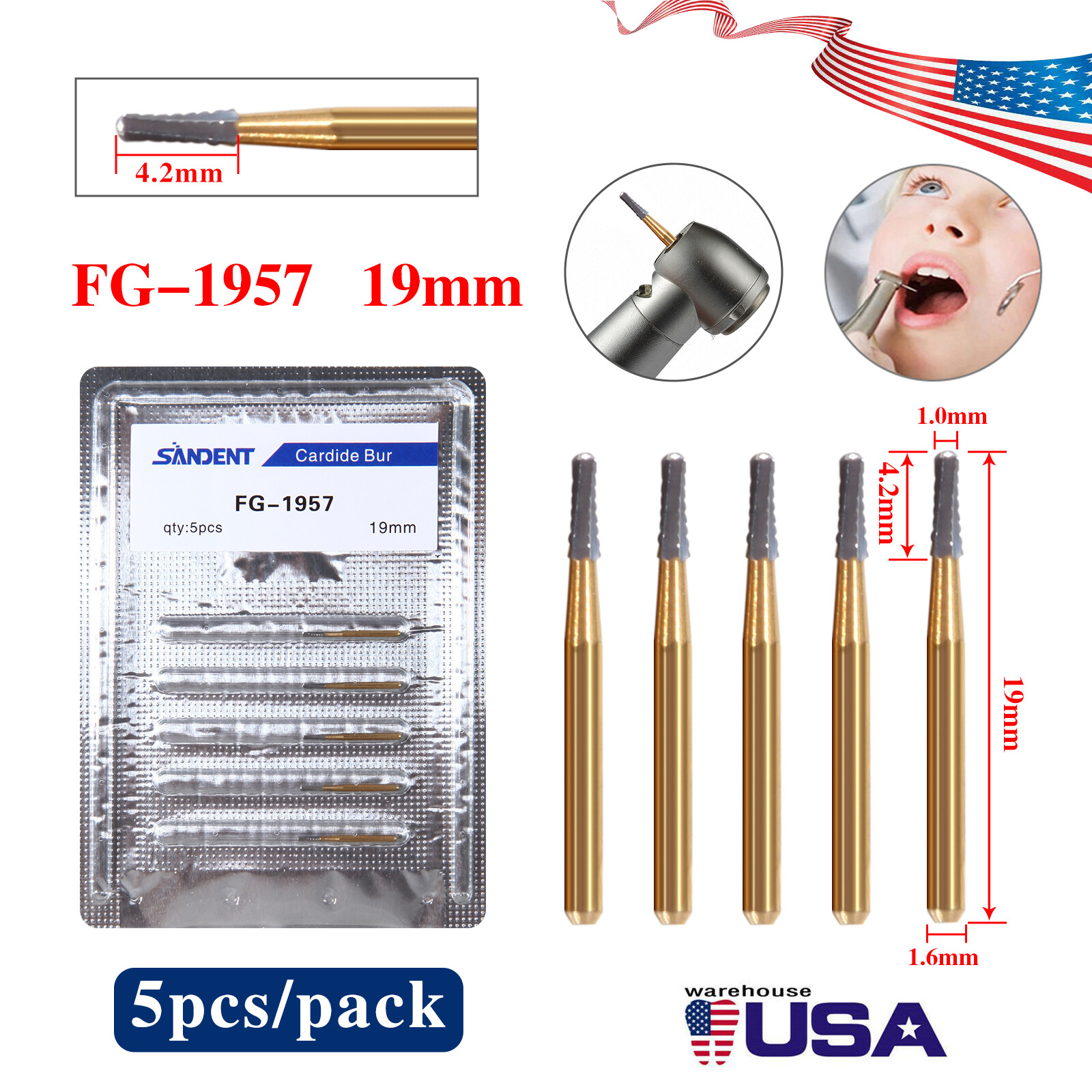 Dental Burs Carbide High Speed FG 1957 1958 Crown Metal Cutter 19mm USA