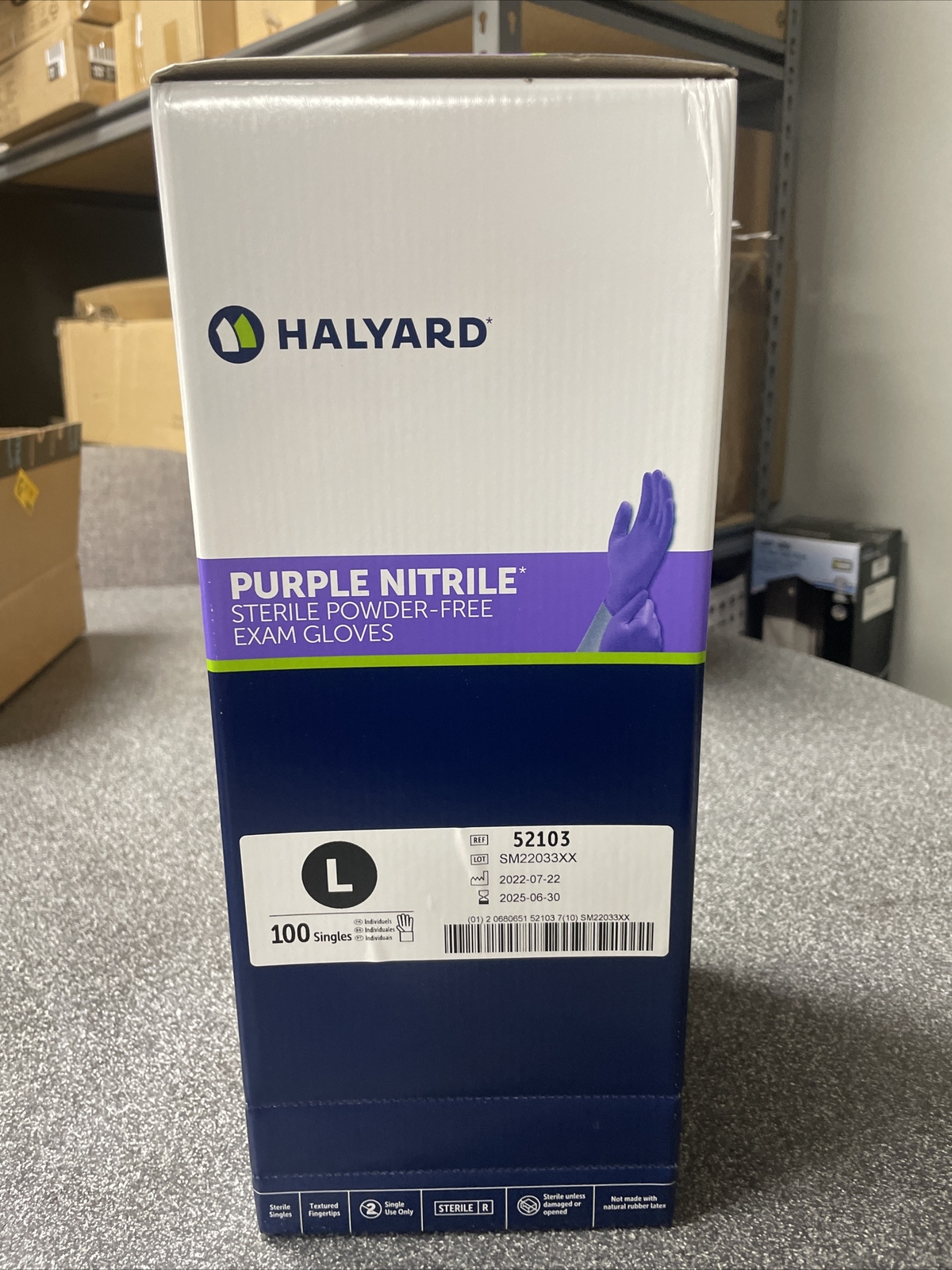 BOX of 100 LARGE Halyard Purple Nitrile STERILE Exam Gloves 52103 Exp 2025-06-30